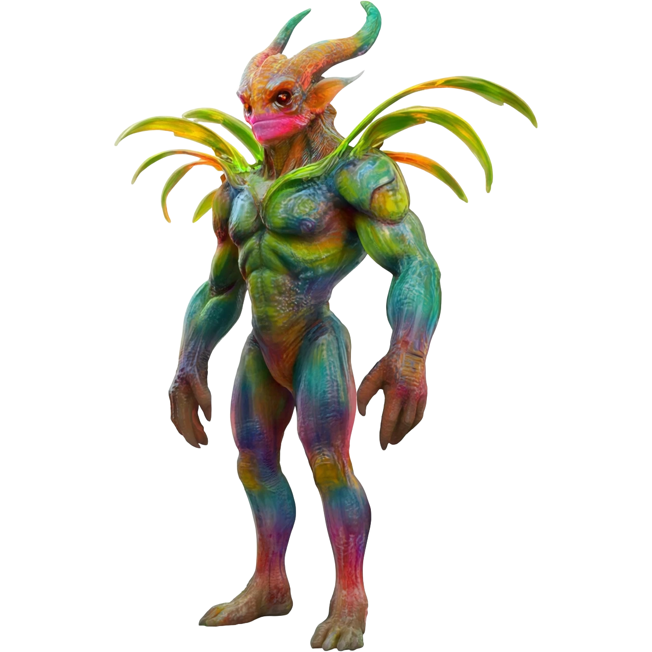Tropical futuristic lush warm-colored neon Fionbri-Vernid-creature (full body) emoji