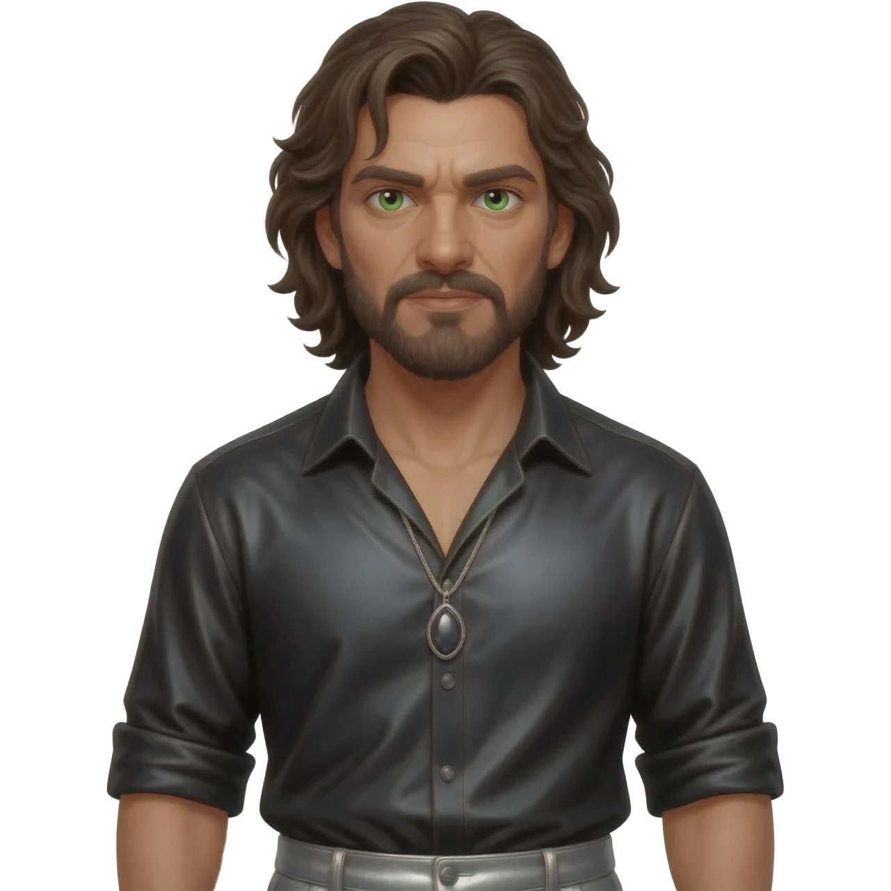 Iago from Othello with green eyes, dark brown hair, black metallic shirt, gray metallic baggy pants, silver necklace emoji