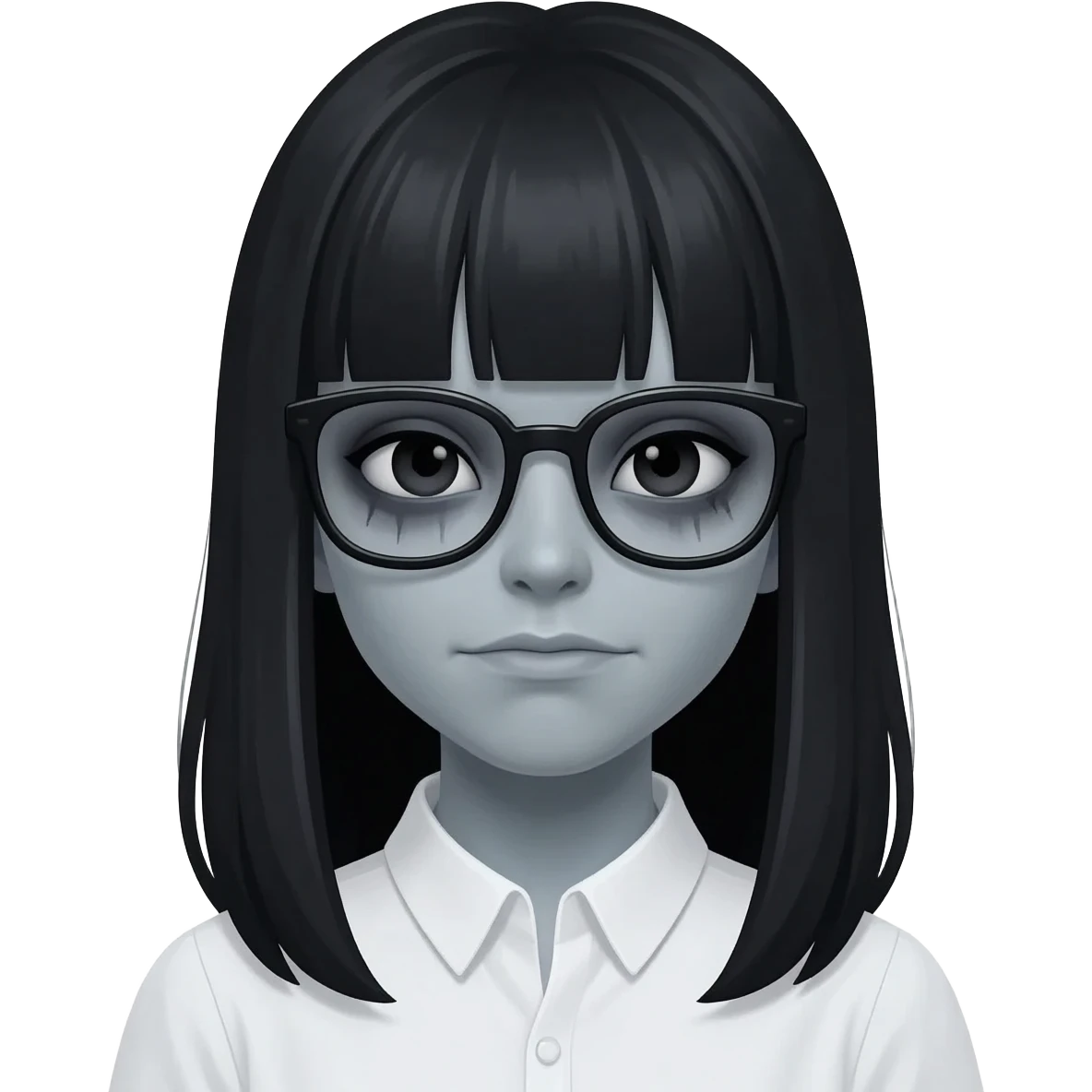 Zombie girl Memoji style, long straight black hair with bangs, grey skin, dark circles under eyes, wearing black glasses, simple white shirt, 3D render." emoji
