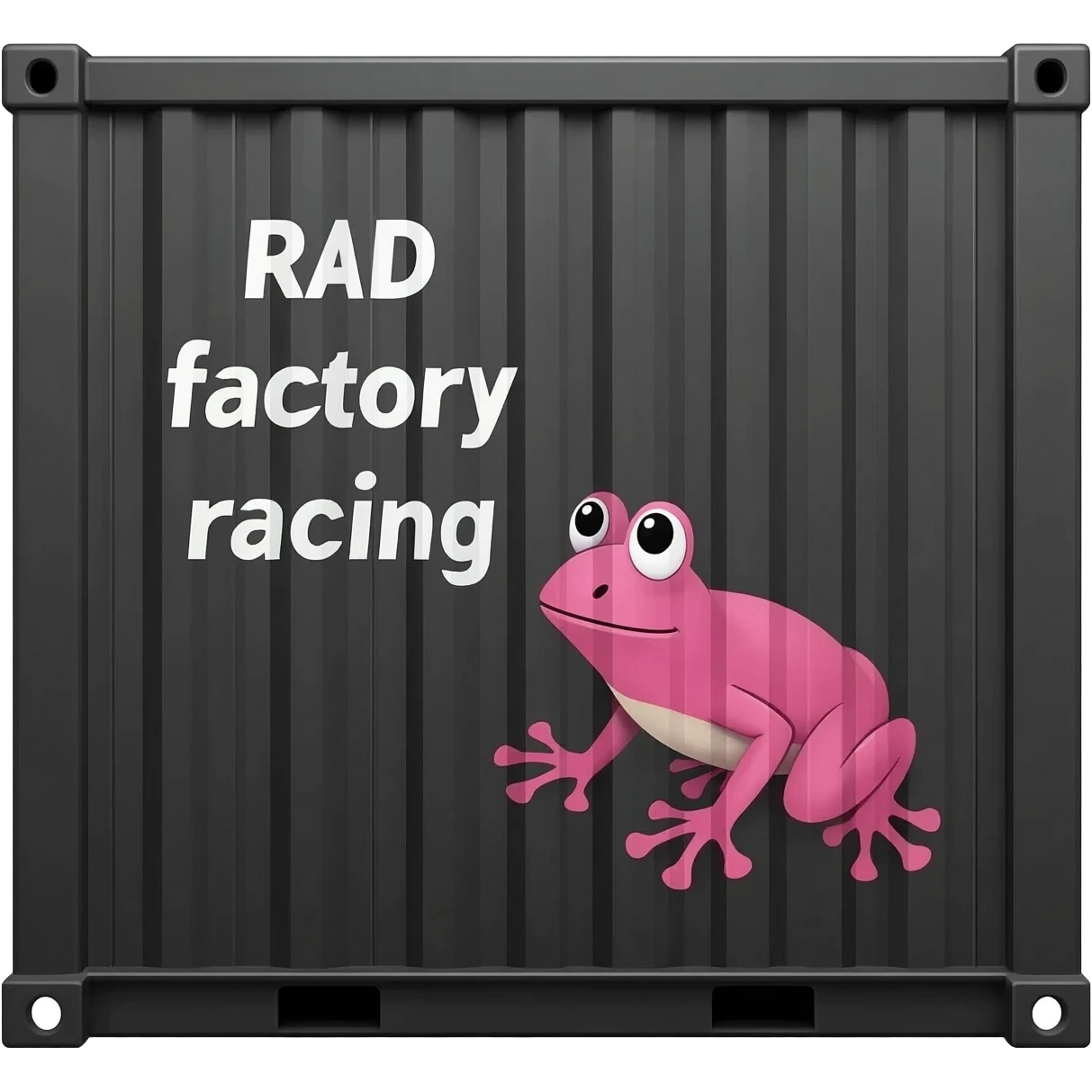 black shipping container with block white text that says RAD factory racing in capitals, a pink cartoon frog printed on the container, show the side profile of the container showing its width emoji