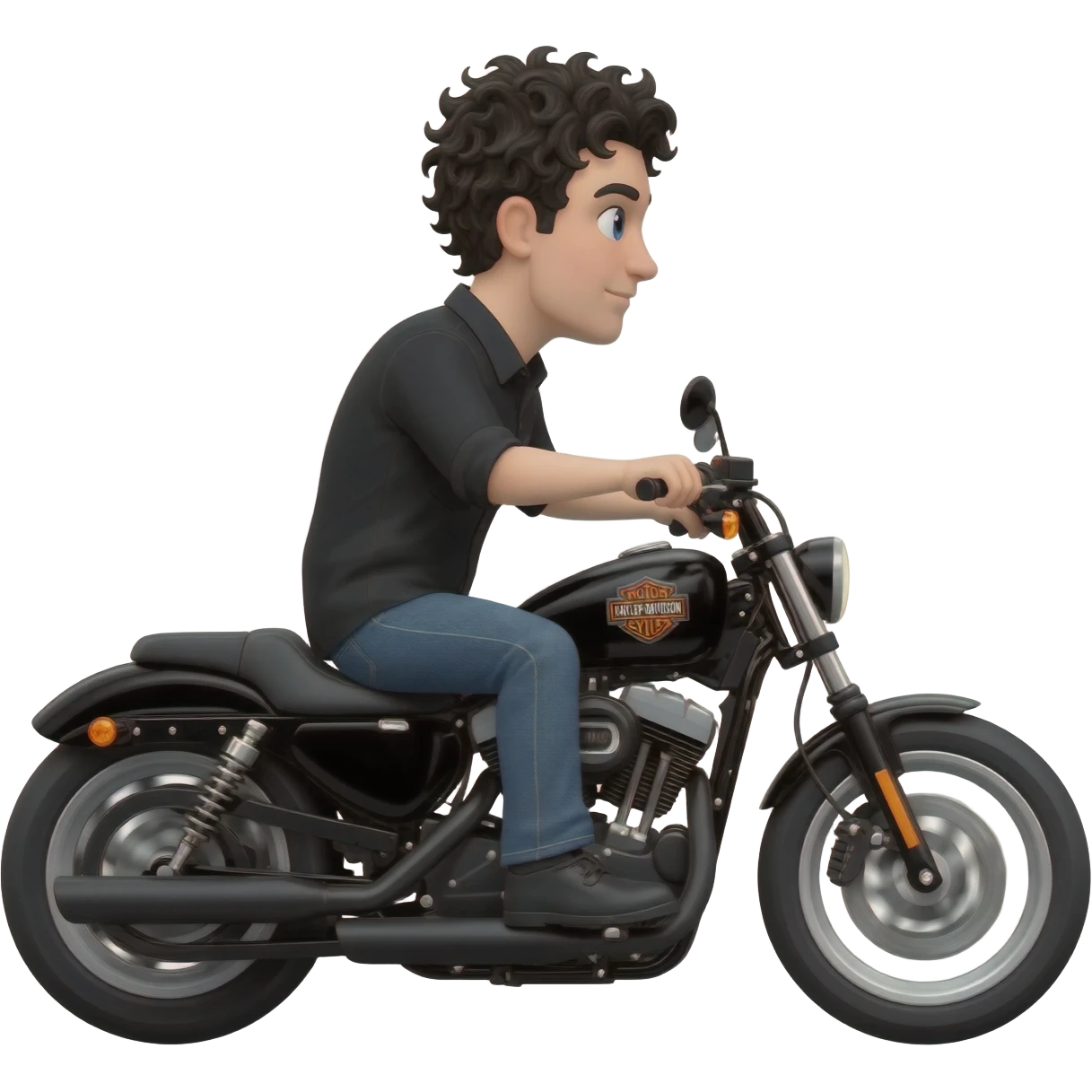 White man with short wavy black hair riding Harley Davidson in jeans and black shirt emoji