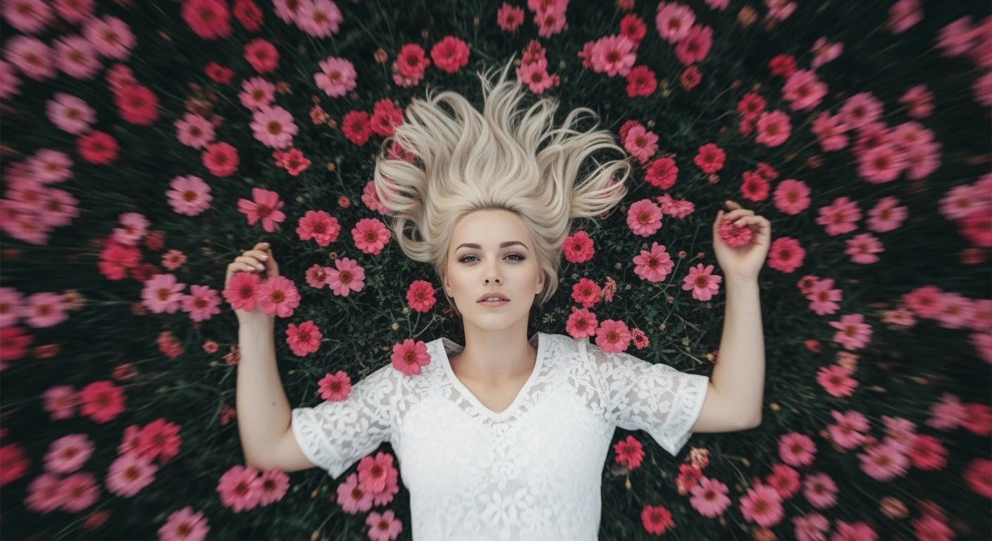 Camera drom top, Motion blur Extreme Closeup photo of a beautifull woman lay around beautifull colorfull flowers, cinematic light, Monochromatic, 8K, very detailed, sharp, depth (foreground, midground, background) emoji