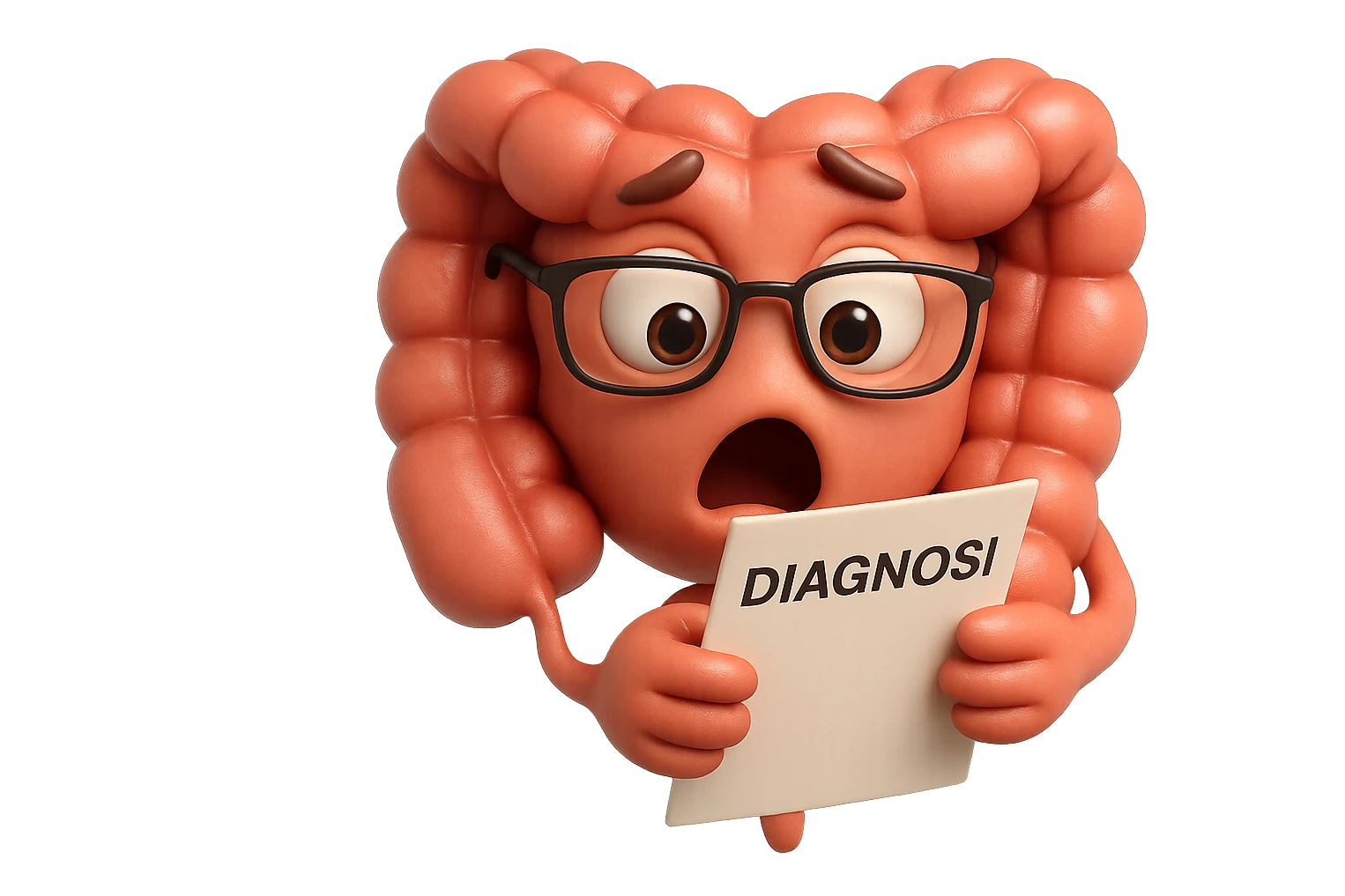 EMOJI STILE IPHONE DI UN INTESTINO CON GLI OCCHIALI CHE LEGGE UN FOGLIO CON LA SCRITTA DIAGNOSI, ESPRESSIONE STUPITA IN VOLTO, IPERREALISTICO 4K emoji