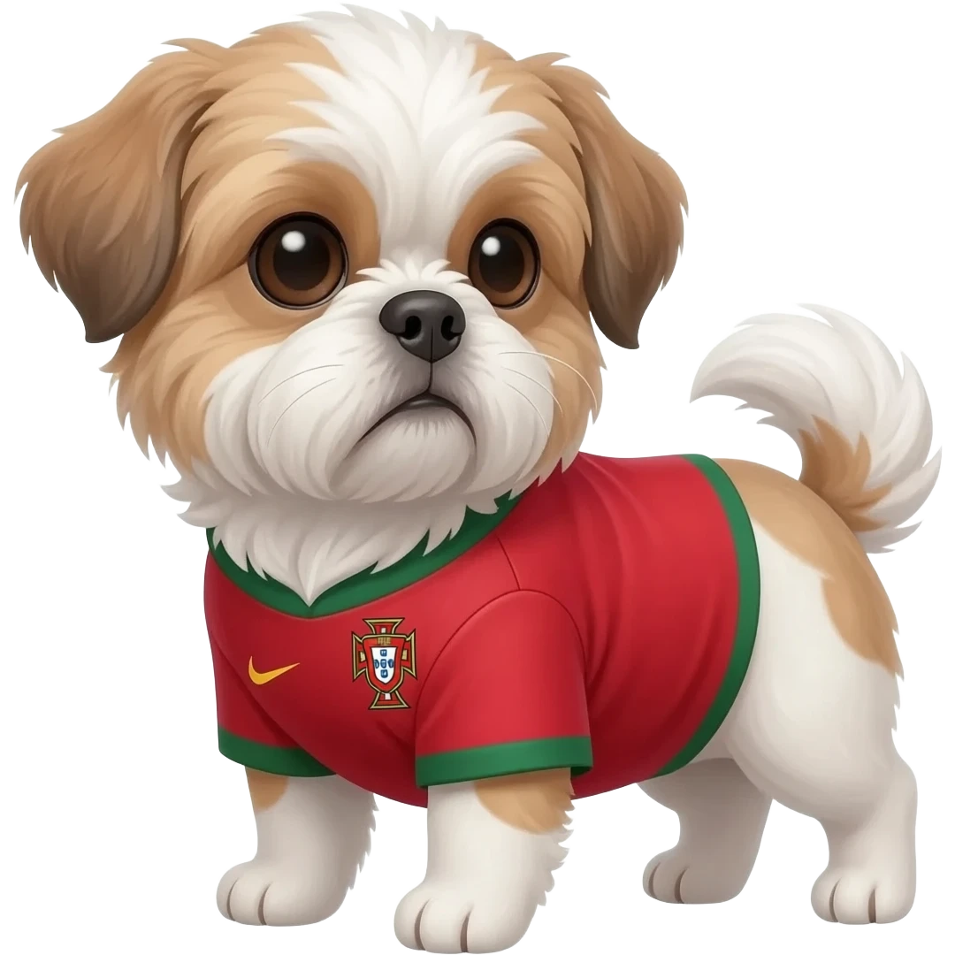 white and light brown shih zhu wearing a Portugal soccer jersey v neck 2026 work cup emoji