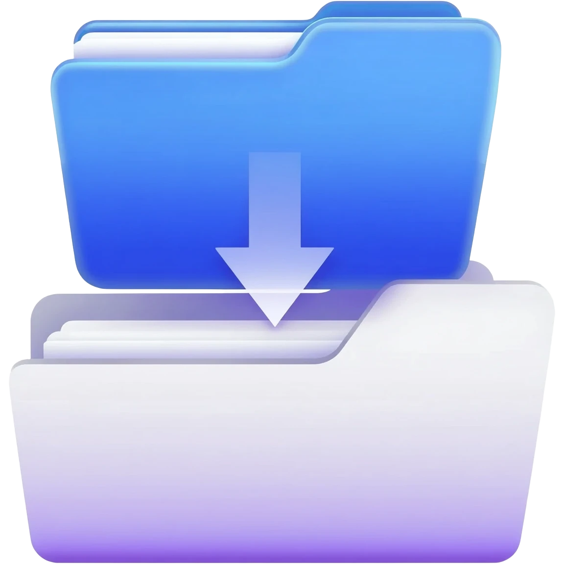 "A blue digital folder placed over a regular file folder, with a soft purple glow effect and an arrow indicating file upload and download." emoji