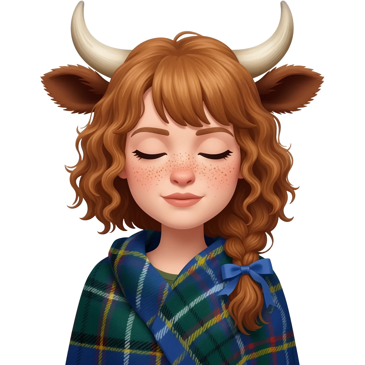 buff curly woman with freckles with messy light brown bangs covering the eyes with cow horns and cow brown ears with ribbon in her hair with body covered in Scottish flag like a blanket emoji