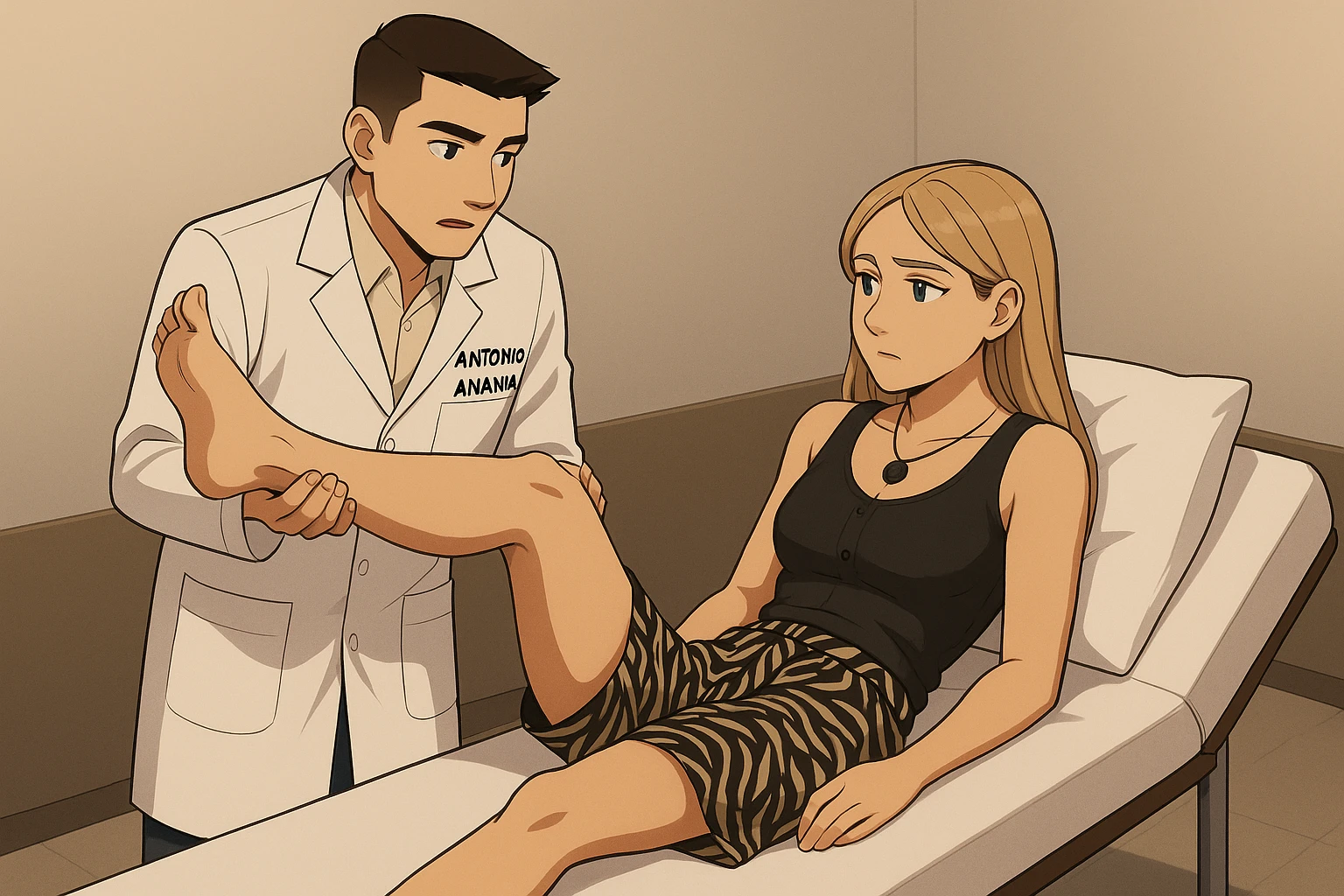 fai un webtoon/manga a colori con questo kinesiologo in camice bianco (fagli la scritta "ANTONIO ANANIA" SUL CAMICE) CHE SVOLGE UN TEST NEUROMUSCOLARE SOLLEVANDO UNA GAMBA ALLA RAGAZZA CHE è STESA SU UN LETTINO BIANCO. STANZA SEMPLICE E MODERNA, DURANTE IL TEST I DUE DIALOGANO TRA LORO. NON FARE I FUMETTI, FAI SOLO LORO COME SE DIALOGASSERO emoji
