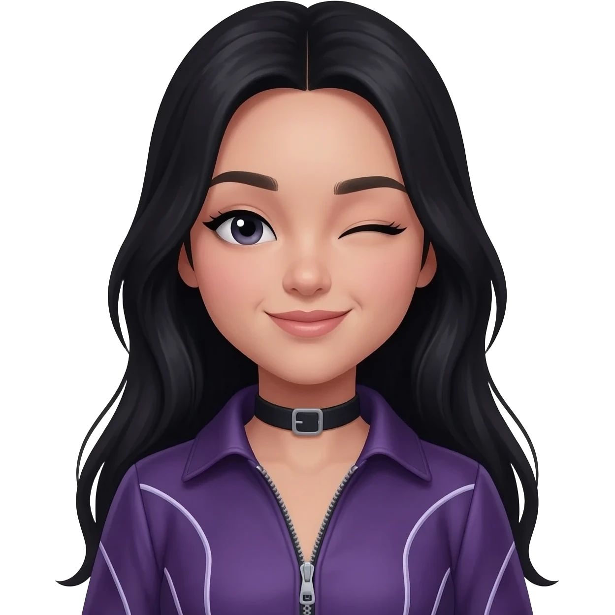 beautiful girl white skin in a y2k dark purple outfit, long black hair, winking emoji
