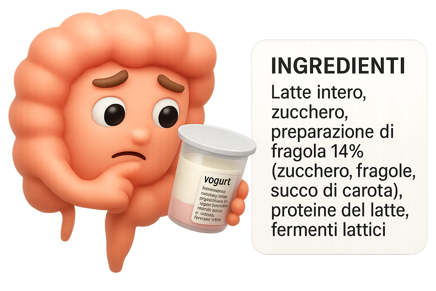 EMOJI STILE IPHONE 3D DI UN INTESTINO CHE HA IN MANO UN BARATTOLO DI YOGURT CONFEZIONATO DA SUPERMERCATO E LEGGE L'ETICHETTA NUTRIZIONALE CON GLI INGREDIENTI IN ITALIANO, ACCANTO ALLO YOGURT CHE HA IN MANO C'è UN FOCUS SULL'ETICHETTA CON GLI INGREDIENTI SCRITTI emoji