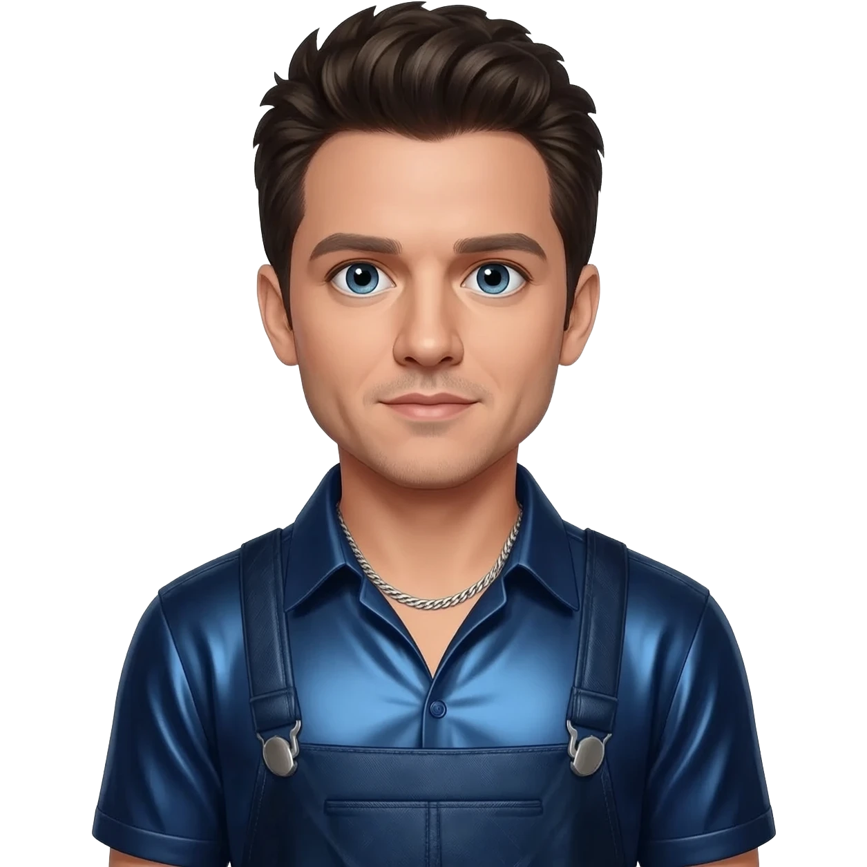 JC Chasez from NSYNC with blue eyes, dark brown hair, dark blue metallic shirt, dark blue metallic baggy pants, silver necklace emoji