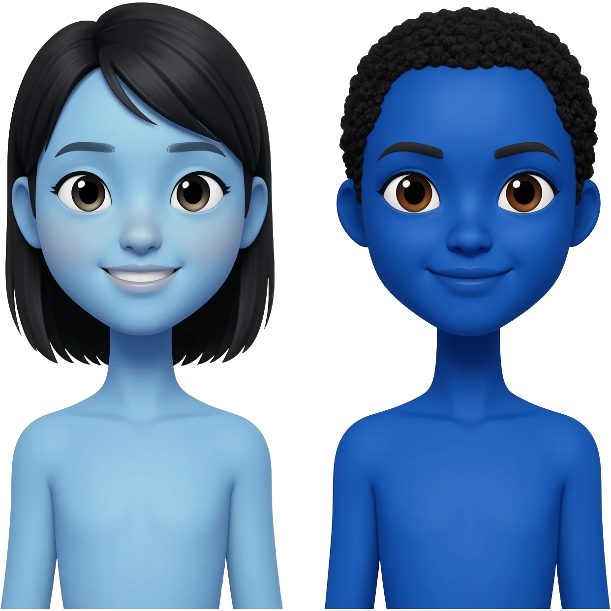 Ganzkörperportrait. Aktmalerei. Zwei weibliche Figuren am Anfang ihrer Zwanziger. Die eine Figur ist ostasiatisch und hat blaue Haut. Die andere Figur ist ostafrikanisch und hat blaue Haut. Keine Figur hat die Augen geschlossen. Die Stimmung ist sehr fröhlich aber auch chillig. emoji