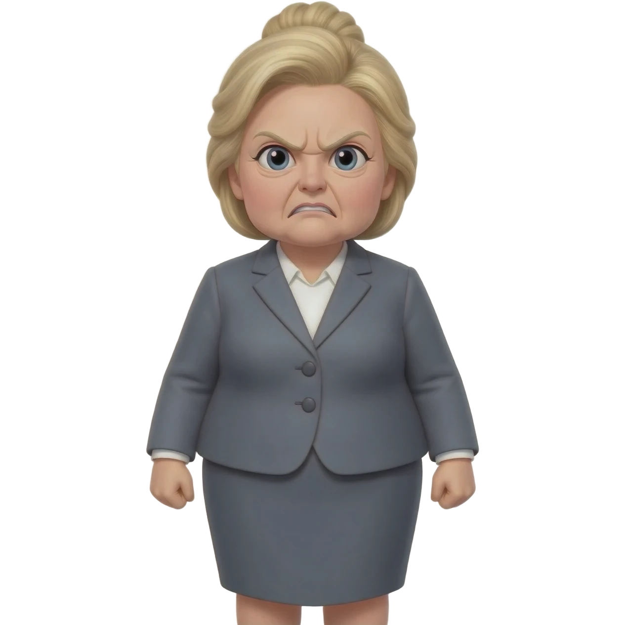 An old fat Hillary Clinton in a dress suit with blonde hair and an angry face, full body in a realistic style emoji