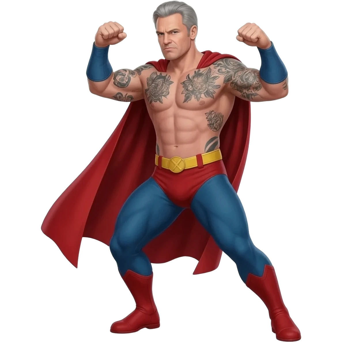 Pete Hegseth with Grey hair shirtlesswith nazi tattoos in a realistic style, powering up like a super hero in a photo realistic unflattering style, full body emoji