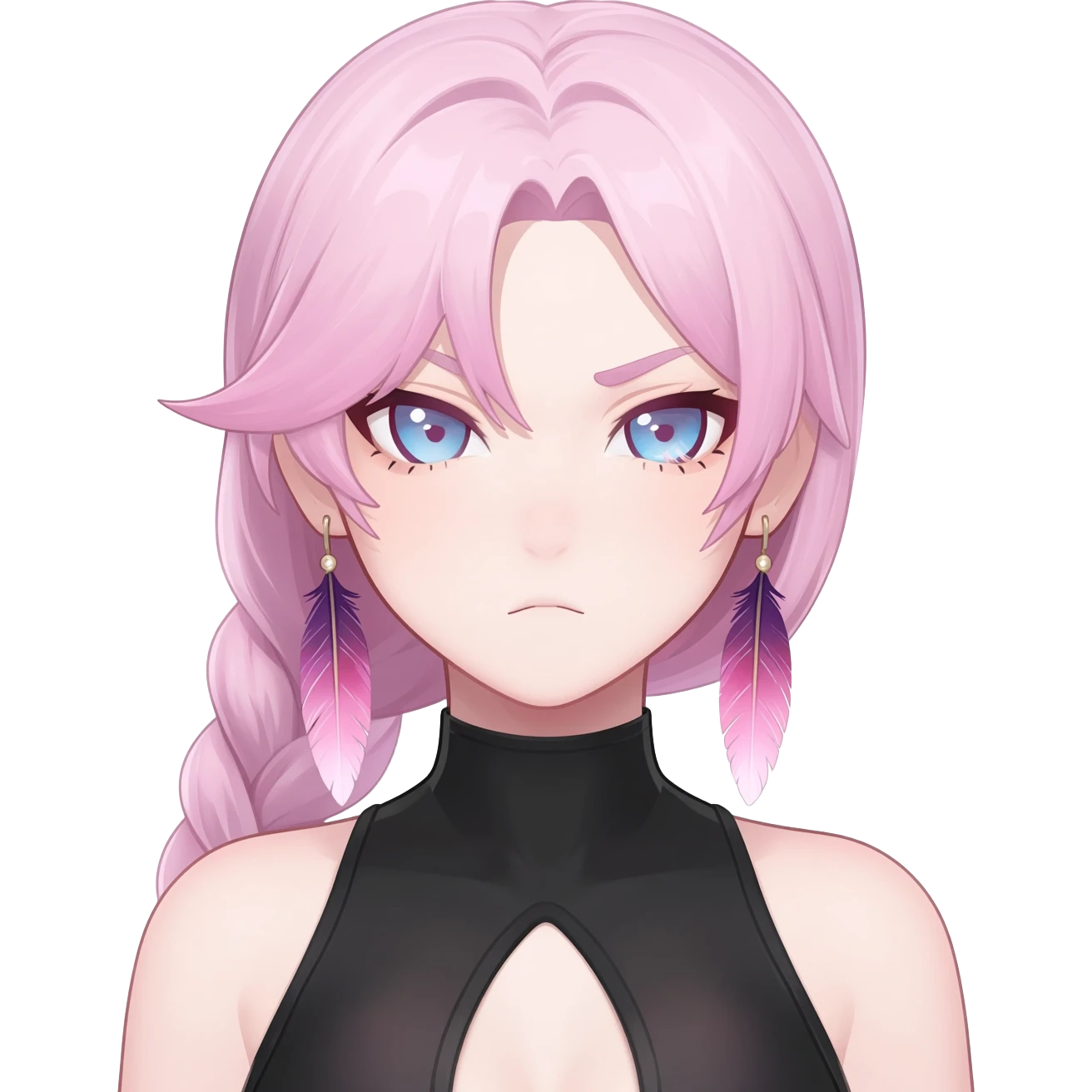 Citlali from Genshin Impact; Gorgeous beautiful pretty grumpy anime lady long-pale-whitish-pastel-pink-hair with one braid on each side, hanging gradient-purple-pink feather-ear-cuffs on each side in hair, black bodysuit covering neck, blue eyes, pink iris, ethereal, fashion aesthetic  emoji