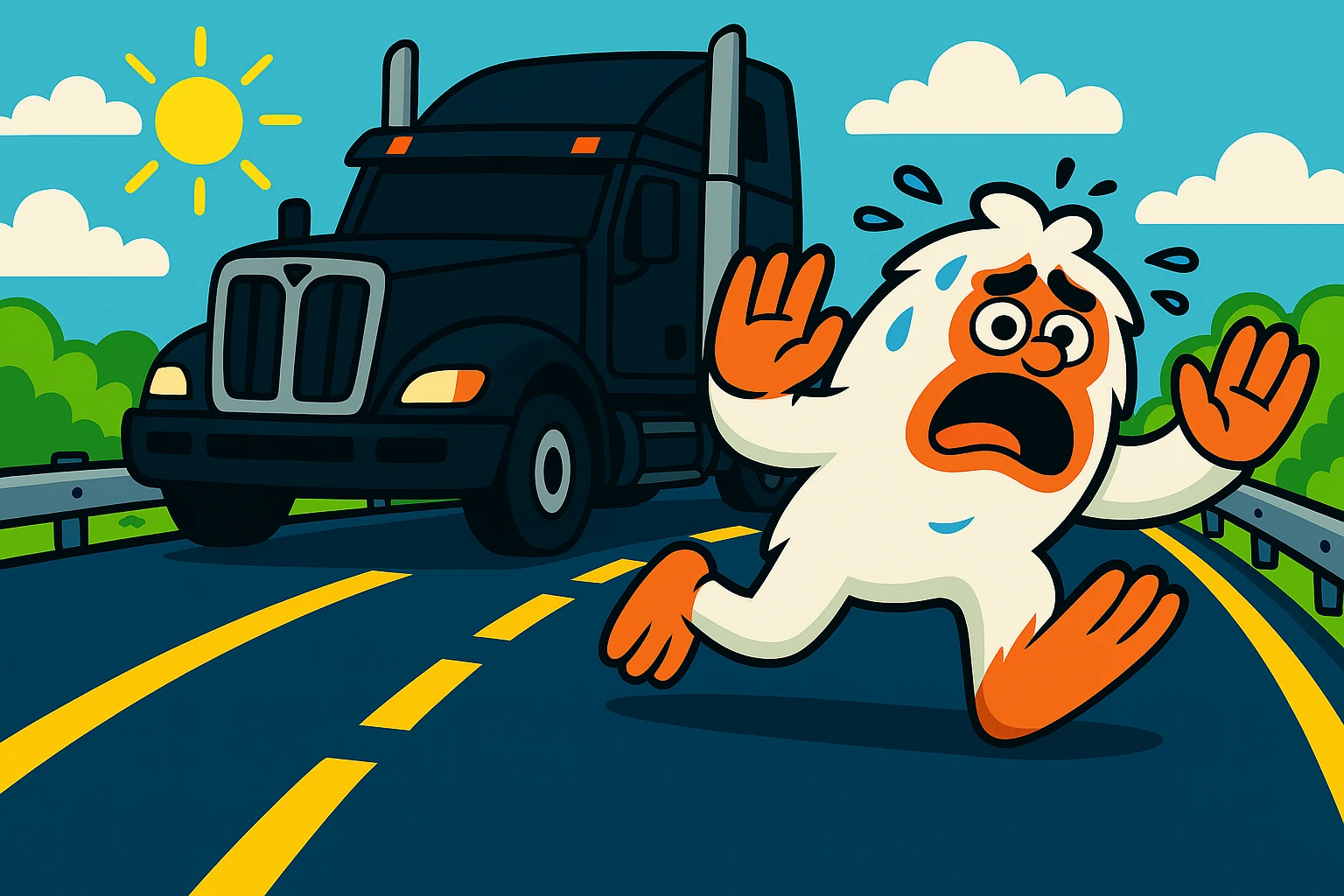 Add clear road stripes to the highway, keeping the small, scared abominable snowman in front of the black semi truck, both on the same side of the road with a guardrail and the semi at a 45-degree angle. Maintain the bright, distant highway view. The style should remain consistent with the original image's look and feel. emoji