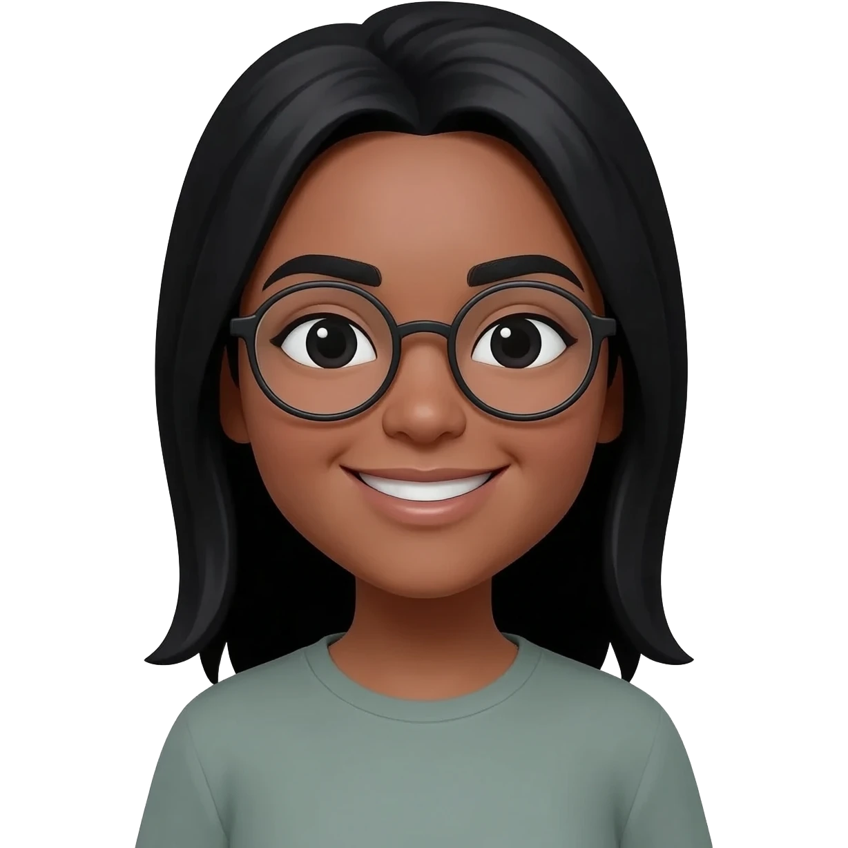 an emoji girl black hair and eyebrows black with olive skin and circle glasses and she's smiling emoji