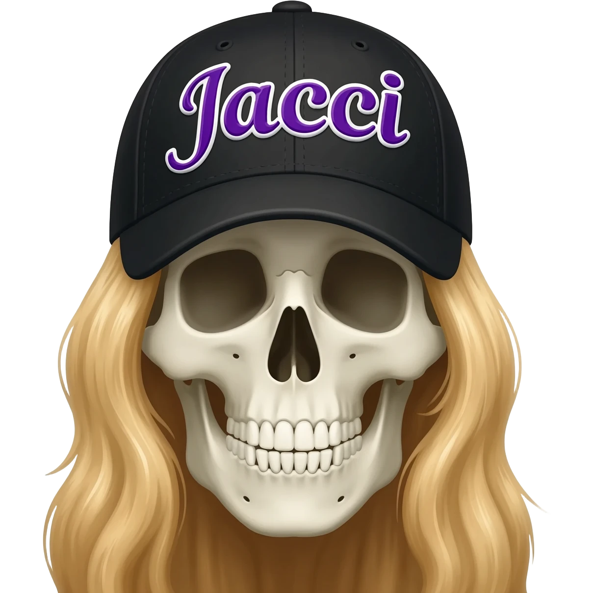 Create a skeleton head wearing a black baseball cap that says " Jacqui " in purple, and white lettering, with long blonde hair emoji