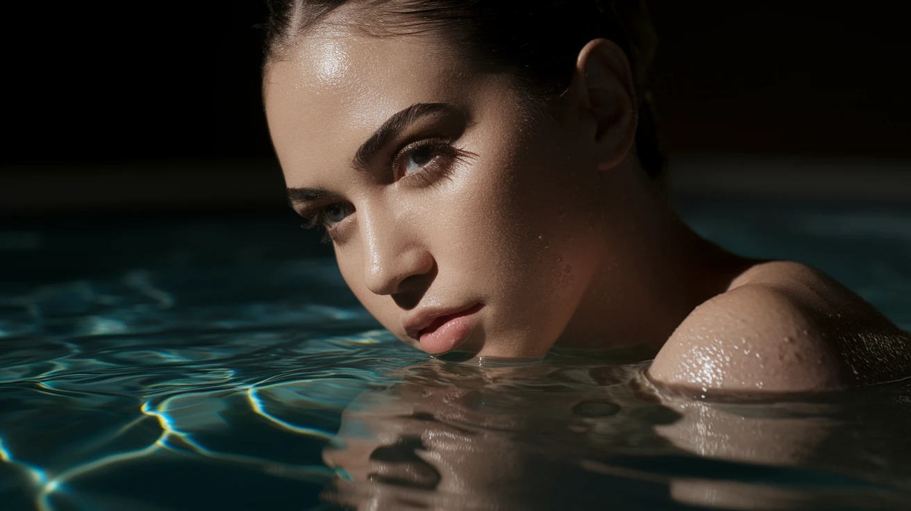 Extreme Closeup photo of a beautifull woman, water light reflection on face, low key light, cinematic light, 8K, very detailed, sharp emoji