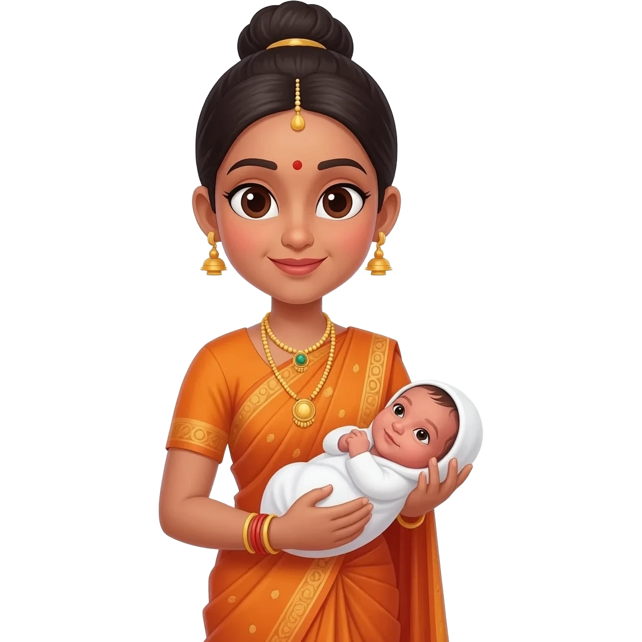 une indienne en sari coiffée avec un chignon avec un nourrisson emoji