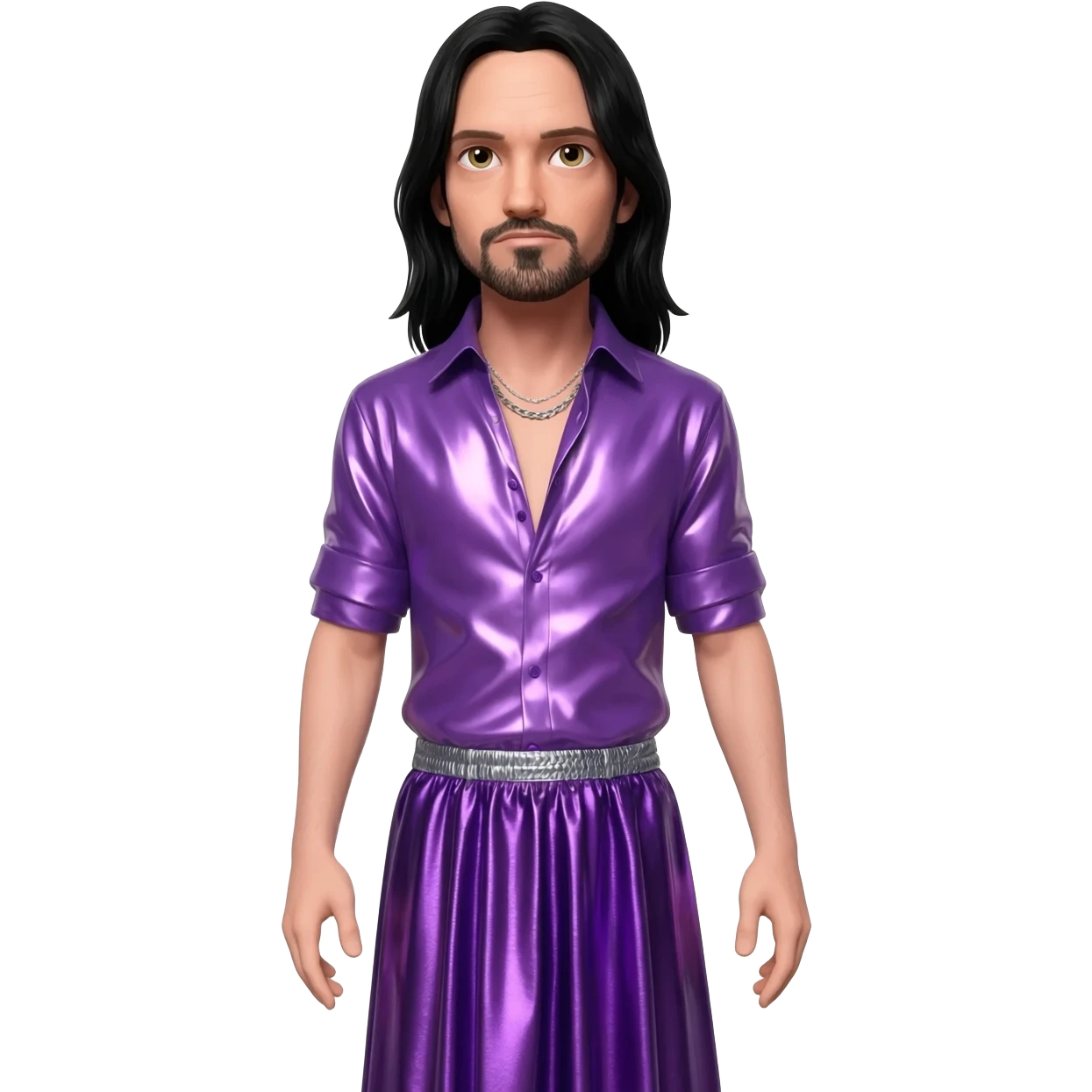 Jonathan Davis with long black hair, purple metallic shirt, purple metallic long baggy skirt , silver necklace emoji