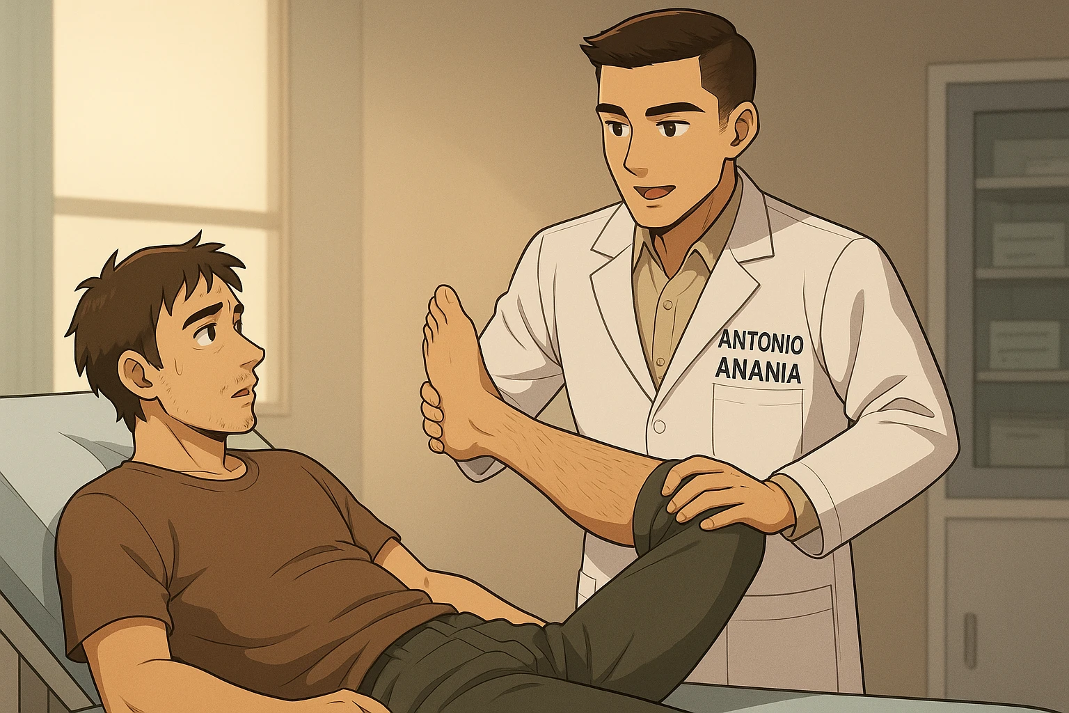 fai un webtoon manga a colori con questo stile, in cui un uomo è steso sul lettino medico e il kinesiologo con il camice bianco (fagli anche la scritta "ANTONIO ANANIA" SUL CAMICE, gli solleva una gamba per fargli il test neuromuscolare, IL KINESIOLOGO SPIEGA ALL'UOMO UNA cosa mentre gli alza la gamba. non fare i fumetti però, fai solo in modo che sembri stiano parlando emoji