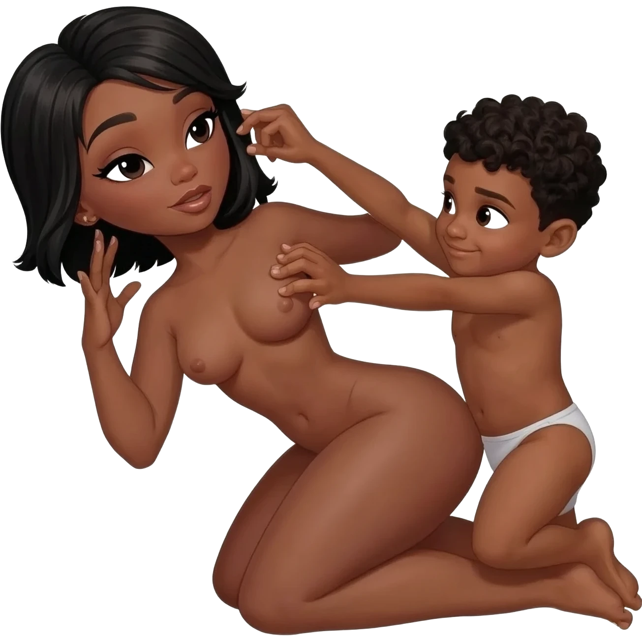 Very tall sexy african pedo girl with big massiv thighs and ass and massive boobs naked   beeing intimate sexual in bed with a small african young boy child emoji
