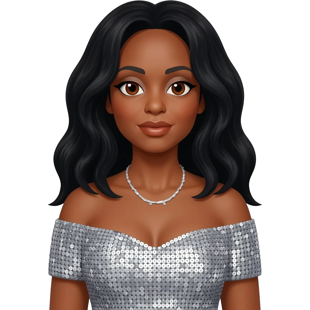 Diana Ross with brown eyes, long black hair, silver sequin off shoulder dress, silver necklace emoji