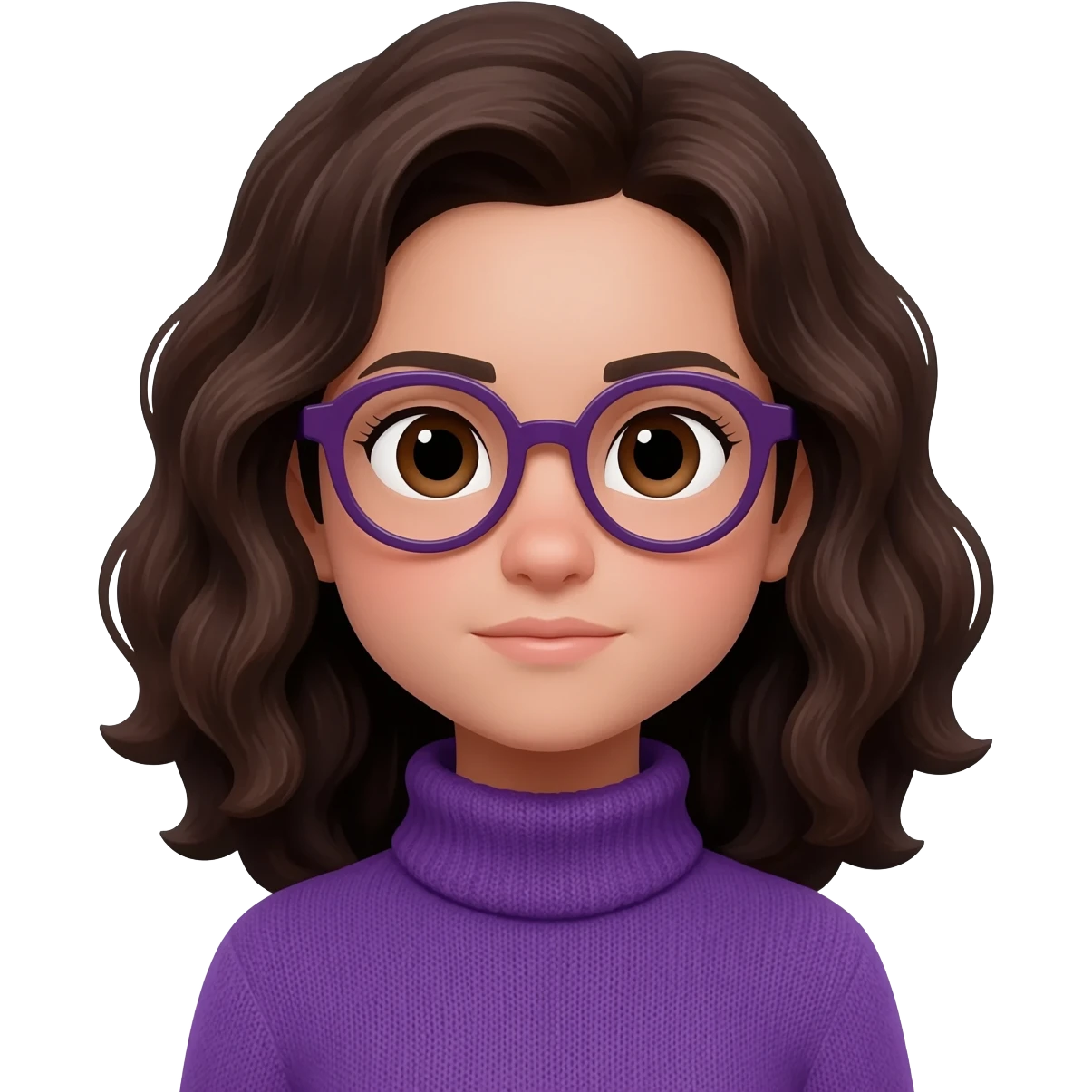 medium fair-skinned girl with brownish black eyes, roundish ovalish dark purple glasses, wavy dark brown hair, purple turtle neck sweater emoji