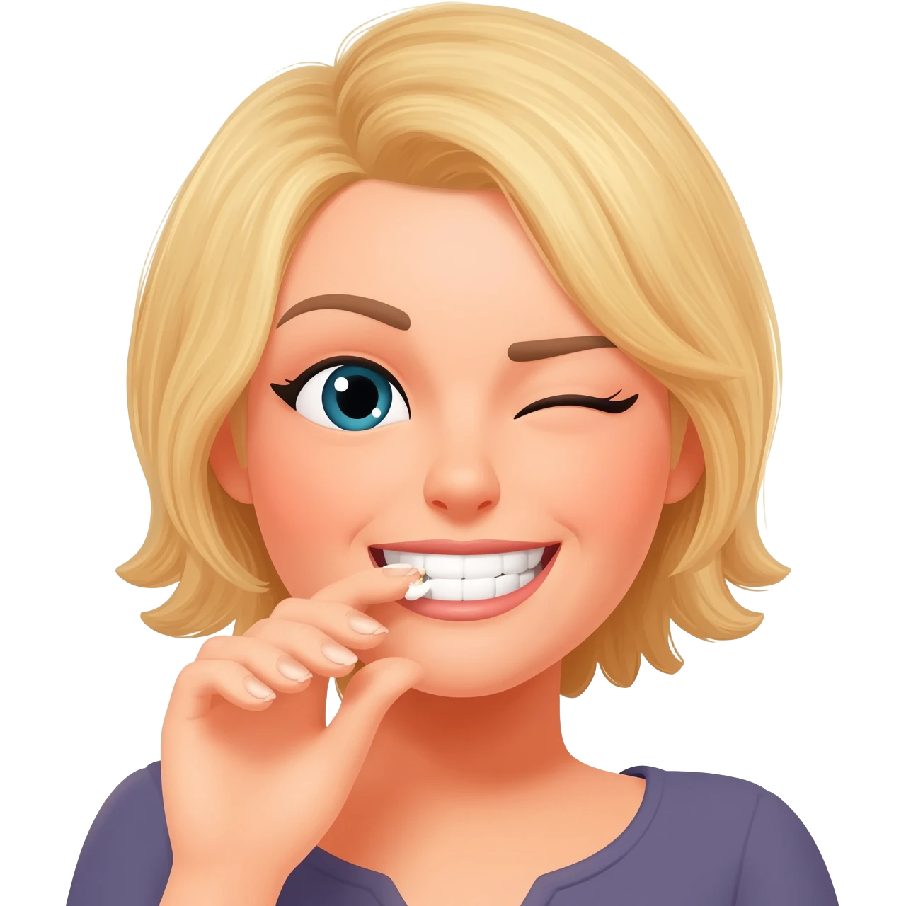 A blonde girl in her 30’s emoji biting their nail while smirking/flirting and wink with one eye emoji