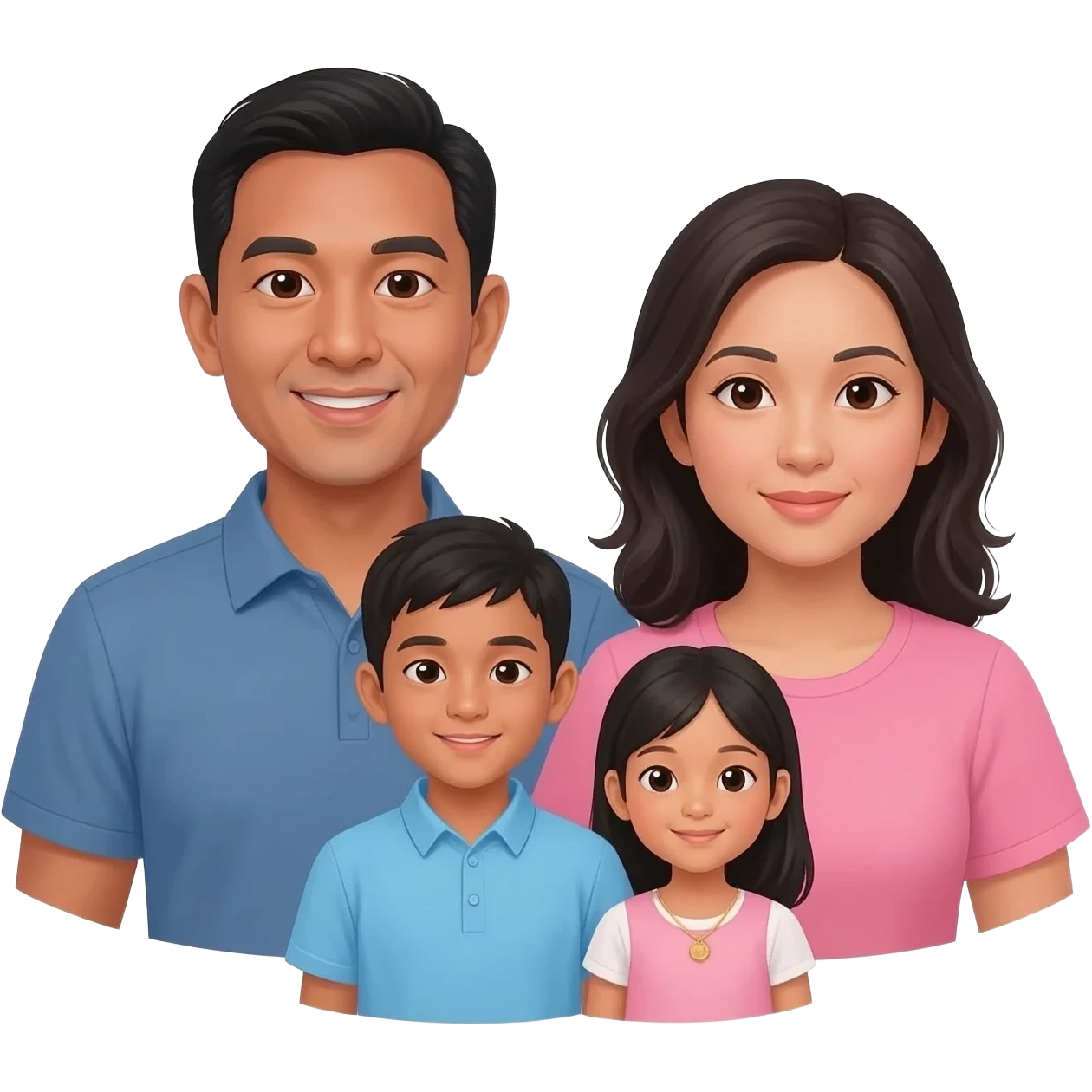 Filipino family, the father is tan skinned, the youger son has tan skin too. The mother and oldest daughter have light skin. emoji