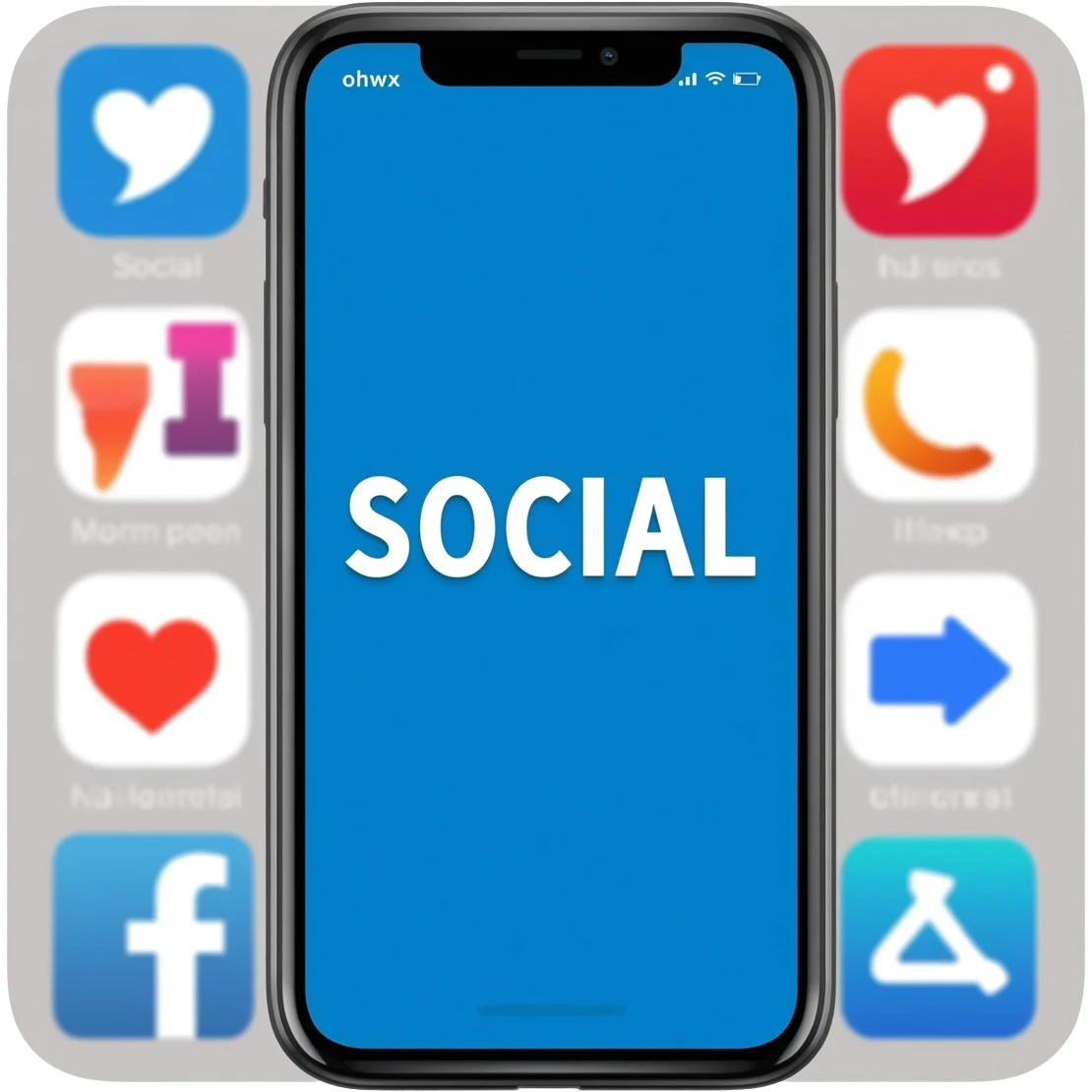 Full size smart phone with the word "SOCIAL" on the screen, with a social media app on-screen display in the background emoji