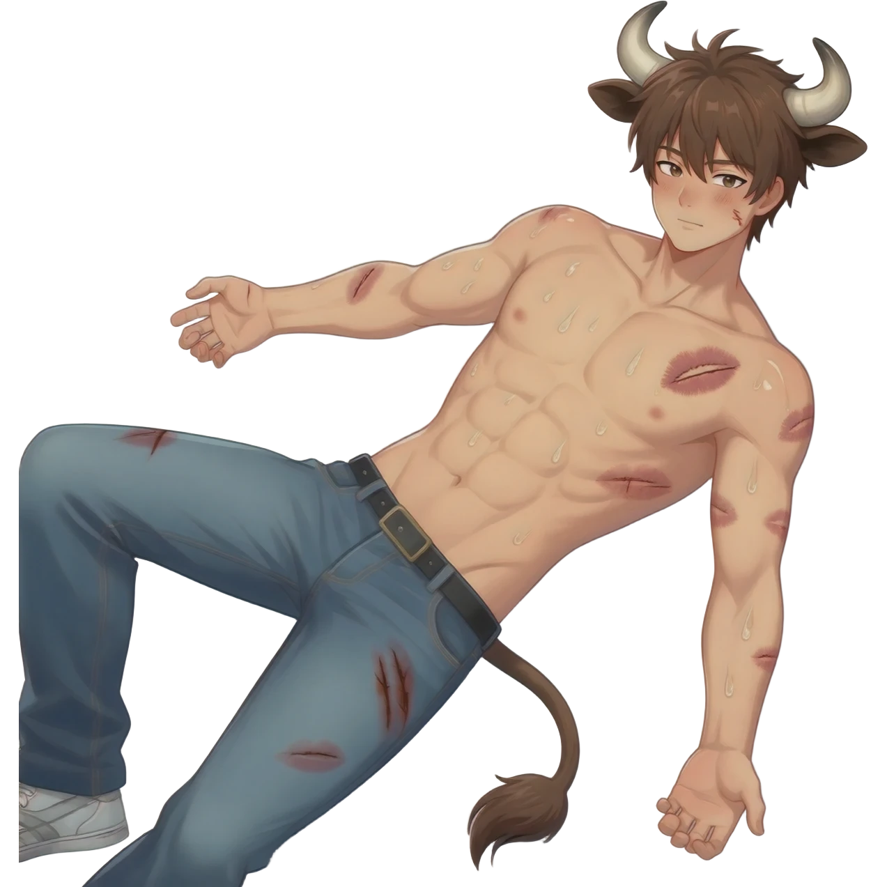 A buff hairy anime guy lies back, brown-haired, with cow horns, cow ears, and a cow tail, with scars from surgery, covered in kiss marks, his body glistening with sweat, a bright blush touching his cheek. He's wearing jeans and sneakers, his torso bare. emoji