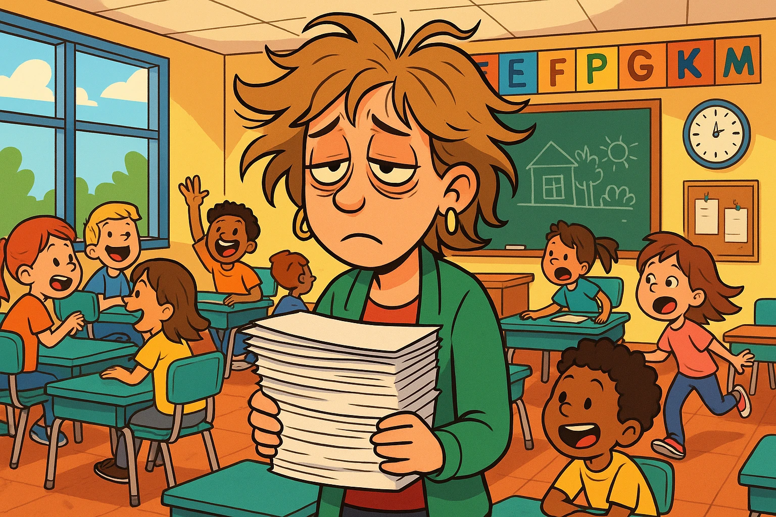 digital cartoon art of a exhausted teacher in a bustling classroom emoji