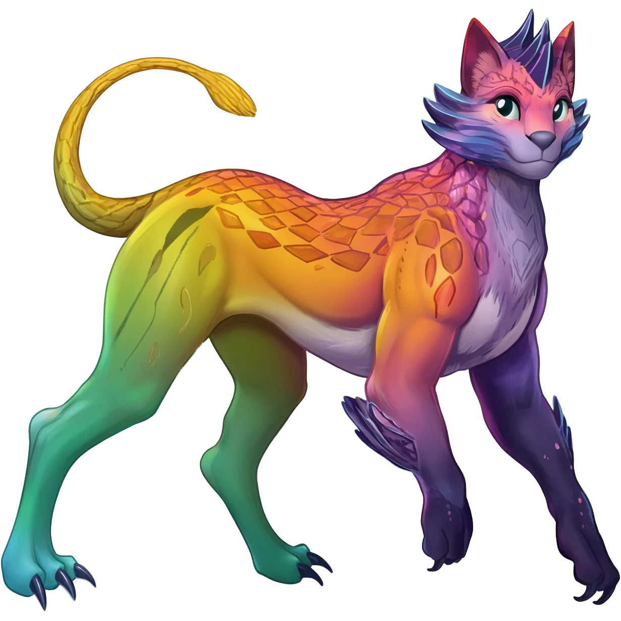 Rare realistic exotic aesthetic gradients-colorful vibrant Vernid-Protogen-Primagen-Wickerbeast-Genet-Sergal-Trico-species-Fakemon-hybrid-creature by LiLaiRa, beautiful intricate markings, full body emoji