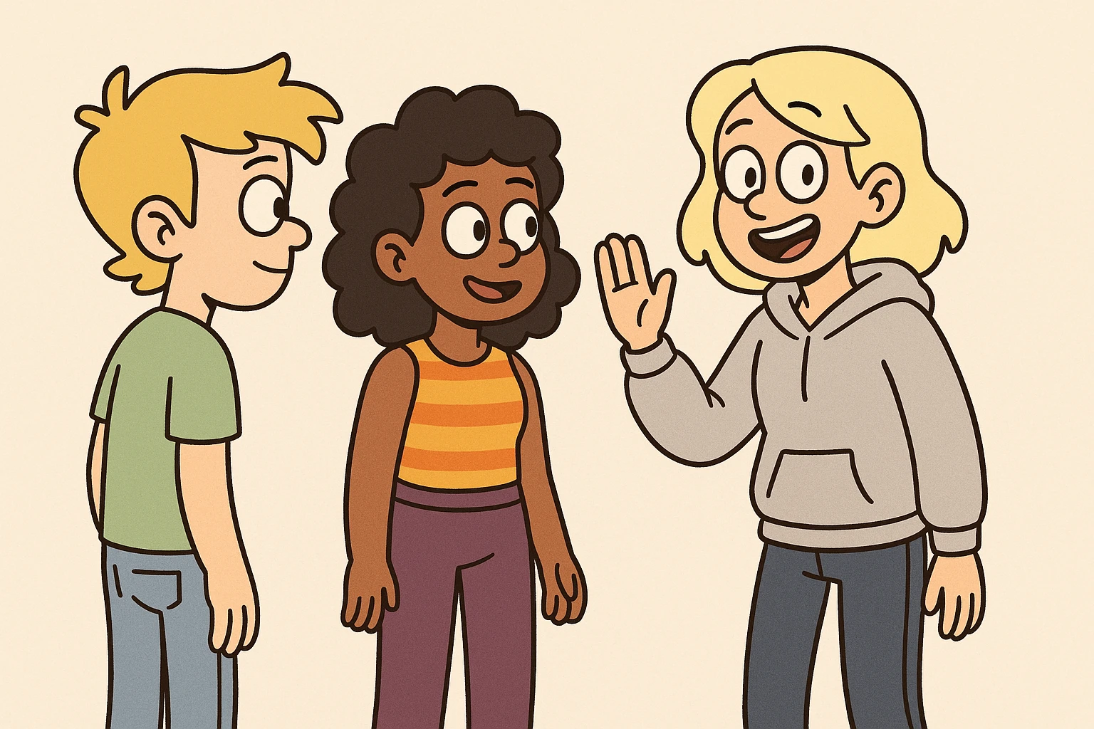 A boy dark yellow hair light green t-shirt white lightfo blue jeans girl brown skin black hair hairstyle curly hair yellow orange stripes top purple trousers girl yellow hair light grey hoodie dark blue jeans a hand hello  emoji