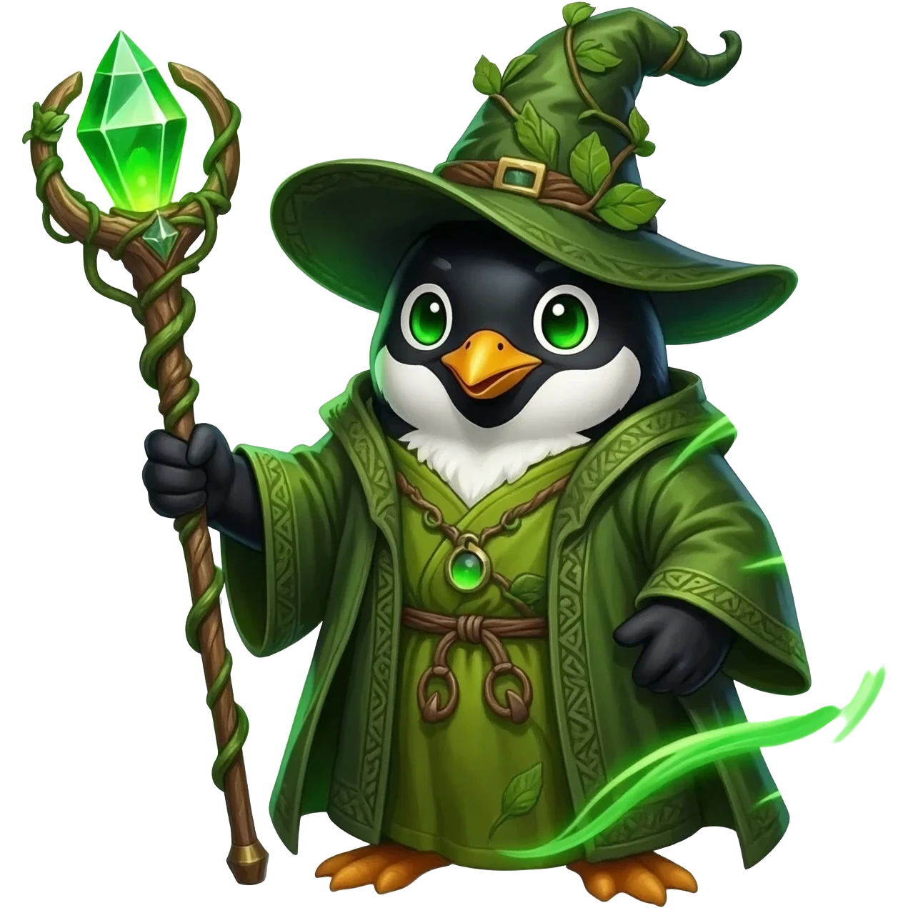 Vibrant earth wizard penguin with black-and-white feathers and glowing emerald-green eyes. Wearing mossy green-and-brown robes with vine runes and tall wizard hat with sprouting leaves. Holding ornate staff with glowing crystal orb. Swirling green energy and vines emanate from its body. emoji