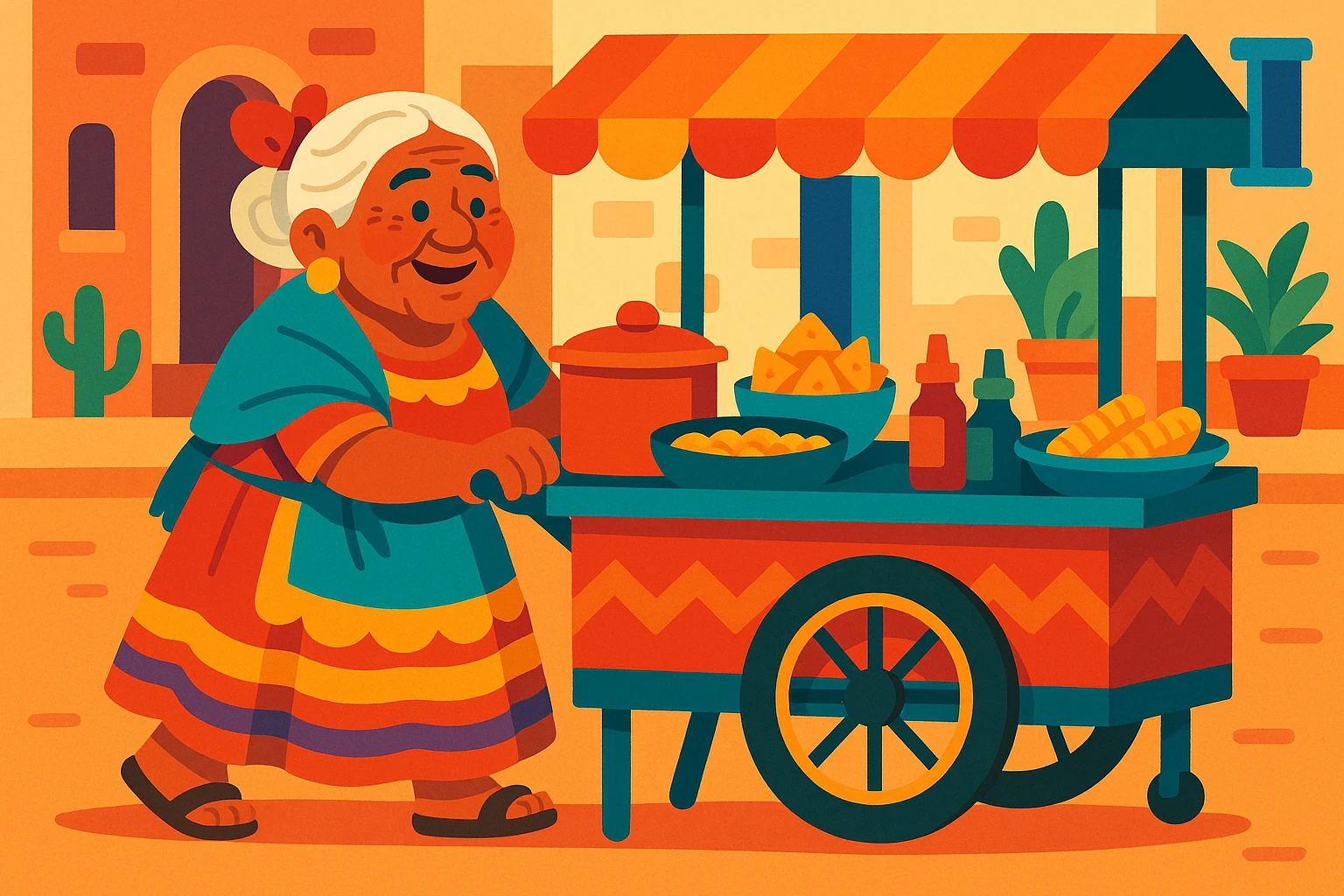 old Mexican lady pushing a food cart, warm and friendly, traditional dress, vibrant colors, street vendor, detailed, no text, vibrant toon cartoon style emoji