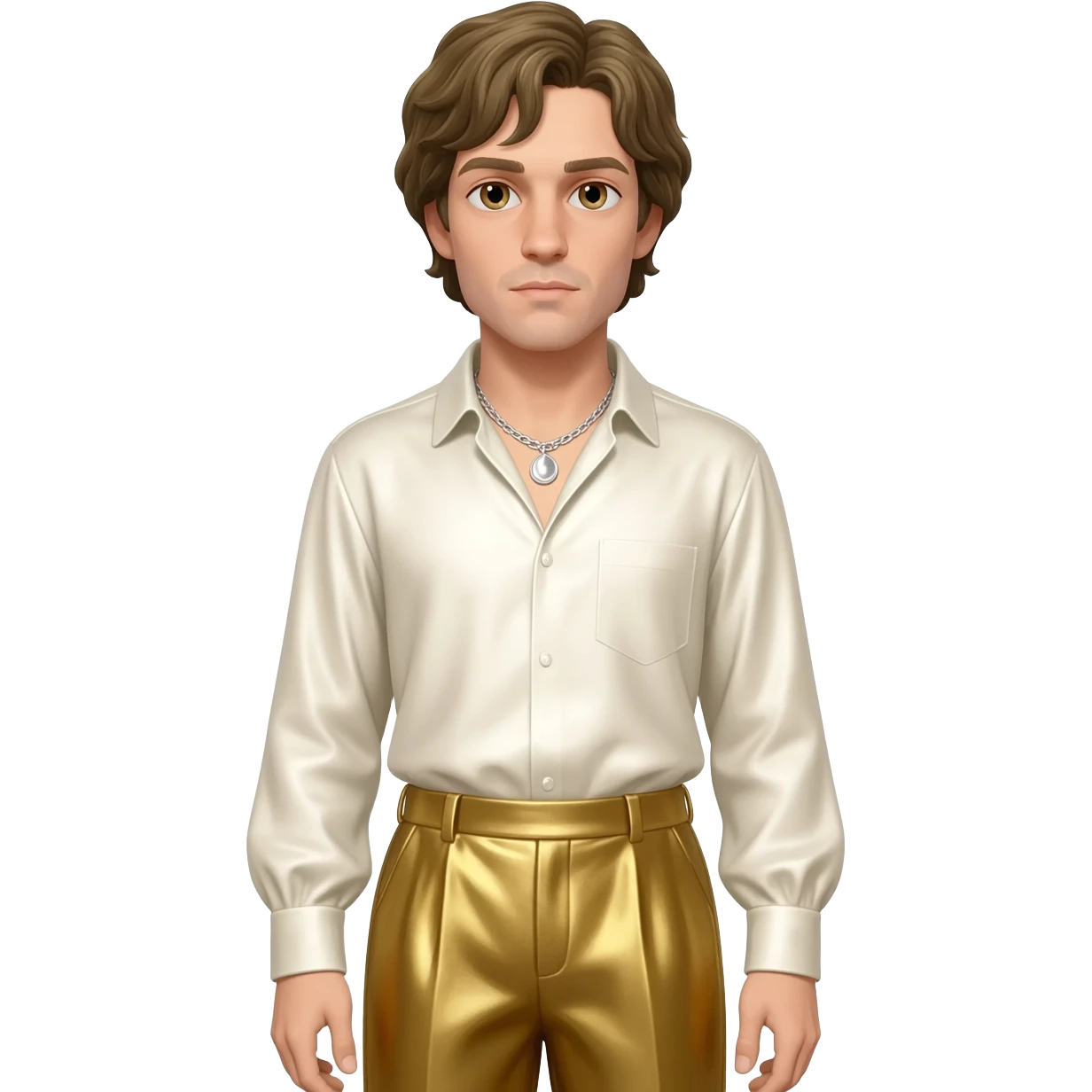 Paul Verlaine with hazel eyes, dark blonde hair, ivory metallic shirt, gold metallic baggy pants, silver necklace emoji