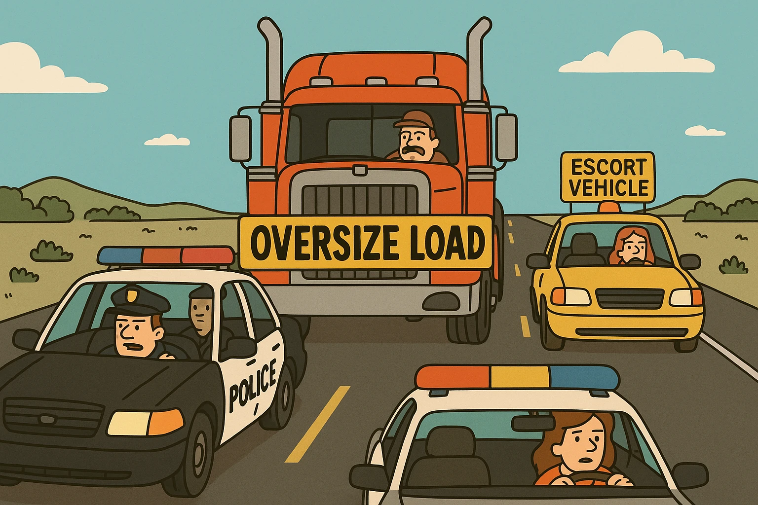 convoy of vehicles escorting truck with OVERSIZE LOAD banner, simple bold illustration emoji