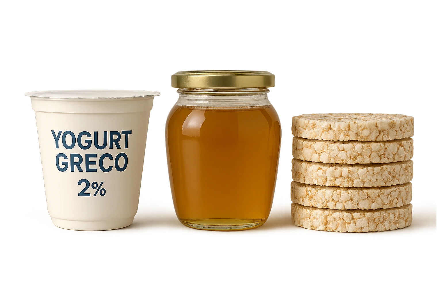 Yogurt Greco 2%
Miele (senza il cucchiaio di legno)
Gallette di Riso
vista frontale, iperrealistico 4k emoji