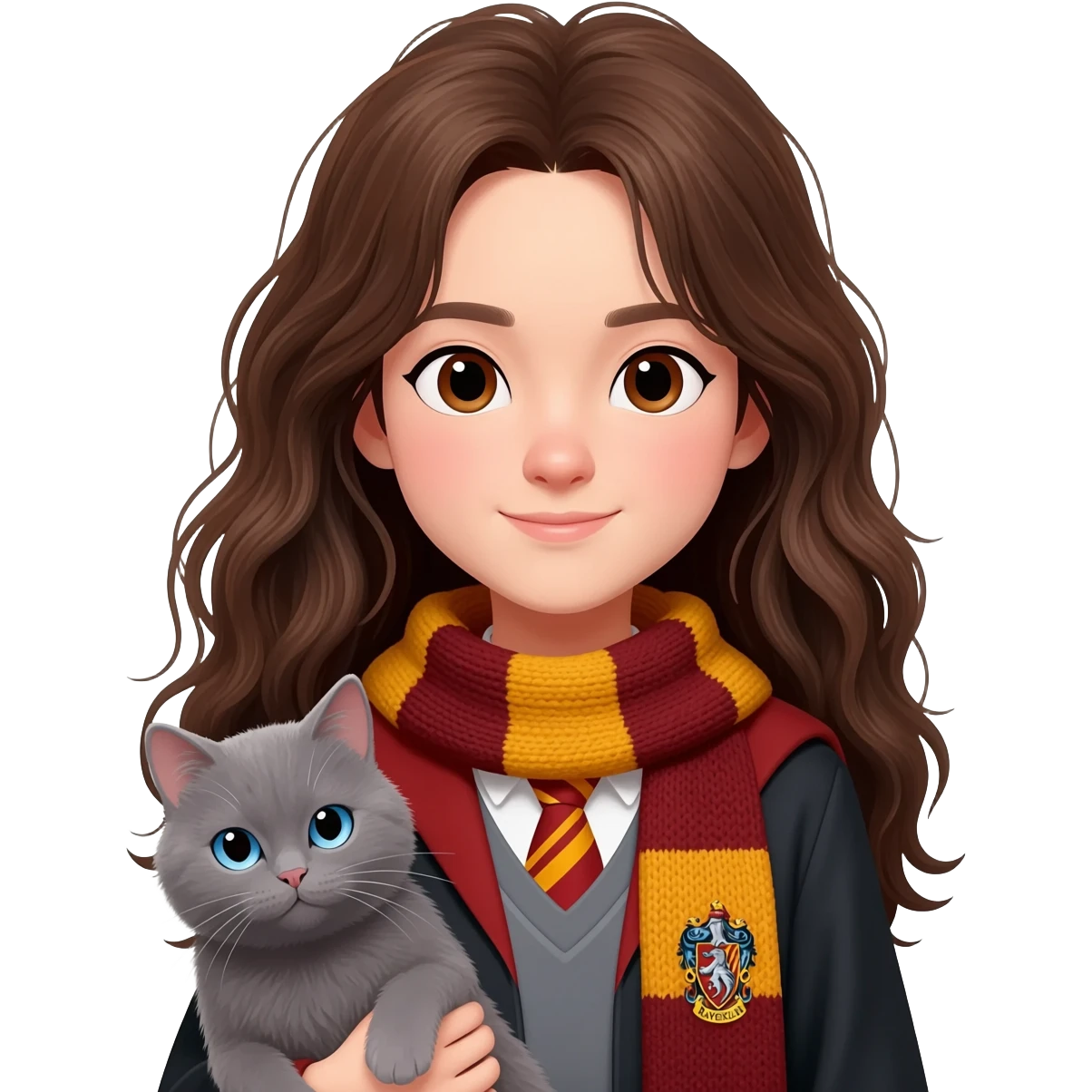asian smart ravenclaw girl student with long brown messy hair and brown eyes, holding a gray cat with blue eyes emoji
