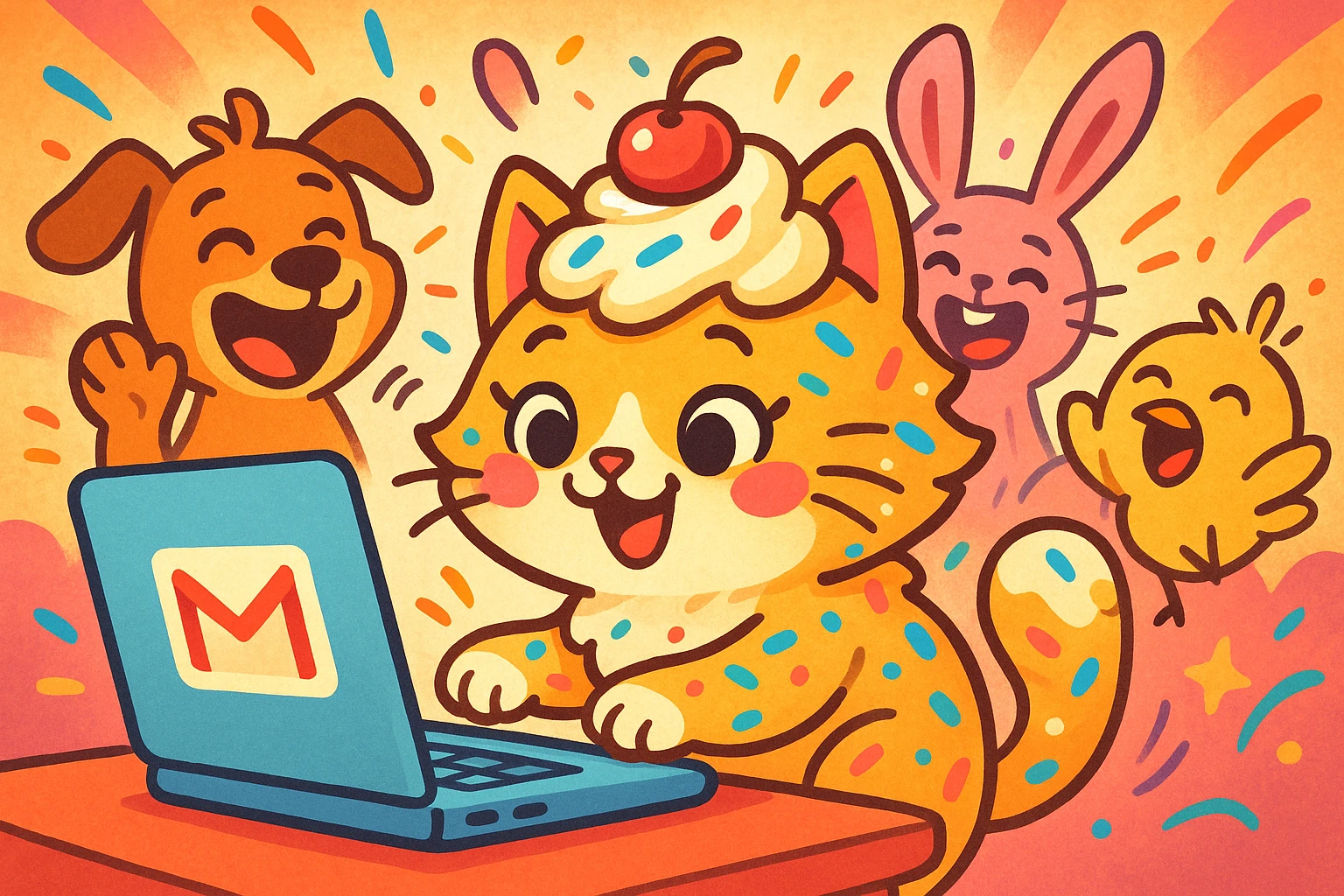 A playful cat with cupcake features like frosting and sprinkles, typing on a laptop with a Gmail icon, making her friends laugh with her stories. The cat is colorful and cute, with cupcake decorations. The scene is whimsical and fun. emoji