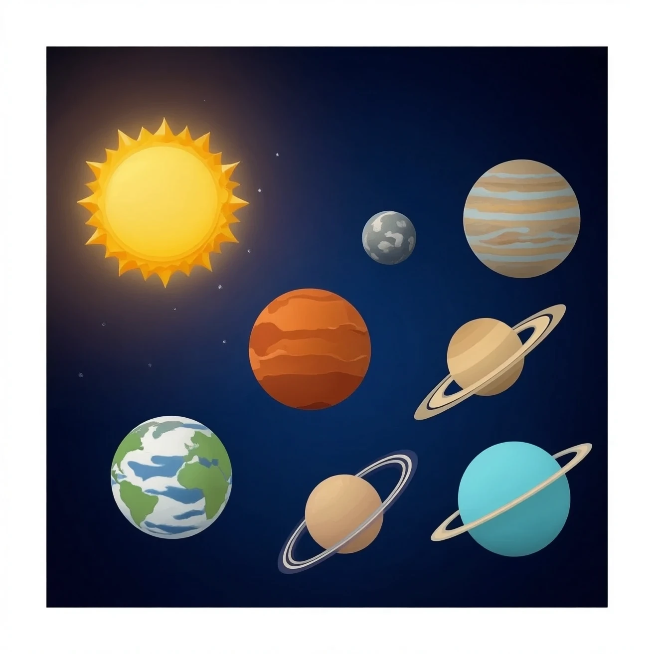 The solar system with the sun  mercury  Venus earth mars  Jupiter ringed Saturn  Uranus with thin rings and  neptune all in space emoji