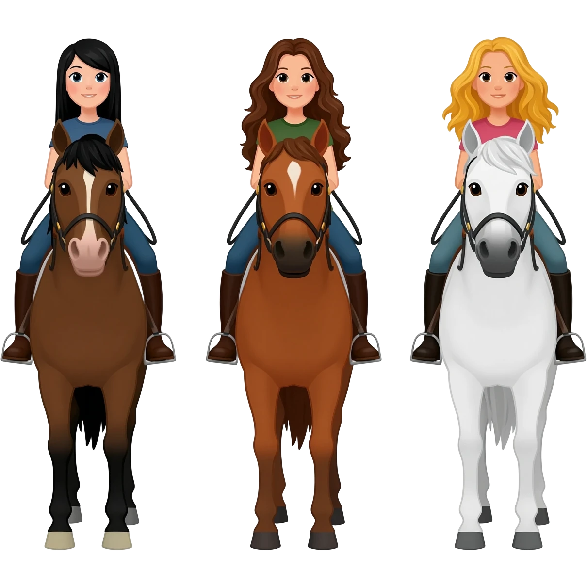 Three horses white bay and sorrel with three riders on the bay horse a girl with dark straight hair on the sorrel horse a girl with wavy brown hair and on the white horse a girl with sandy hair emoji