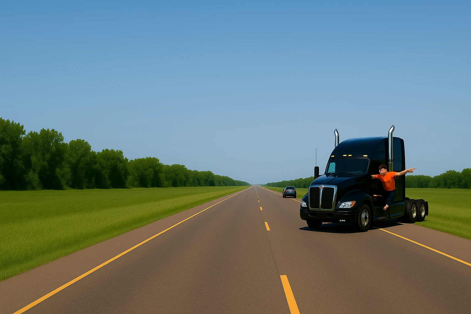 Zoom the scene out a lot farther, making the vehicles much smaller and showing a wide view of the road and landscape. Keep the black Kenworth W680 semi with chrome stack, angry bald driver in orange shirt and baseball cap, arm out the window, following a car. Scene should remain bright and vibrant. emoji
