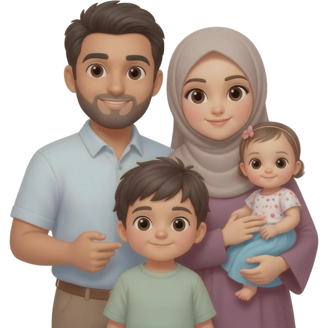 Family of four man woman 1 year old boy and baby girl but make the woman a hijabi emoji