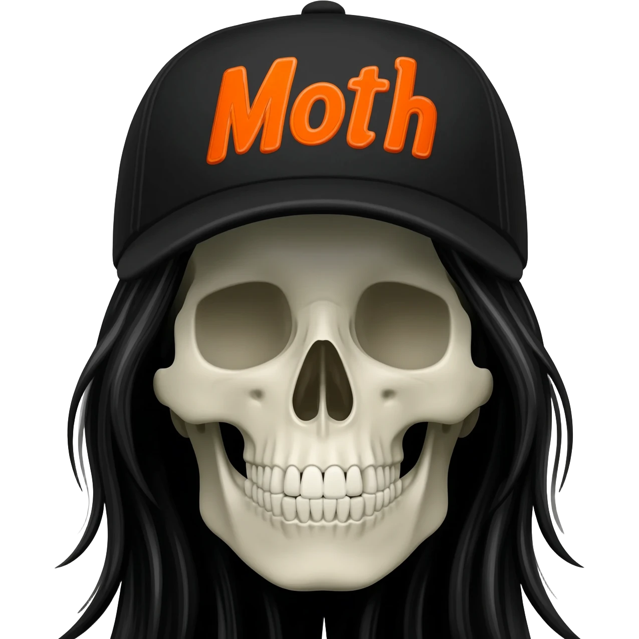 Create a skeleton head wearing a black baseball cap that says "Moth" in orange lettering, with long black hair emoji