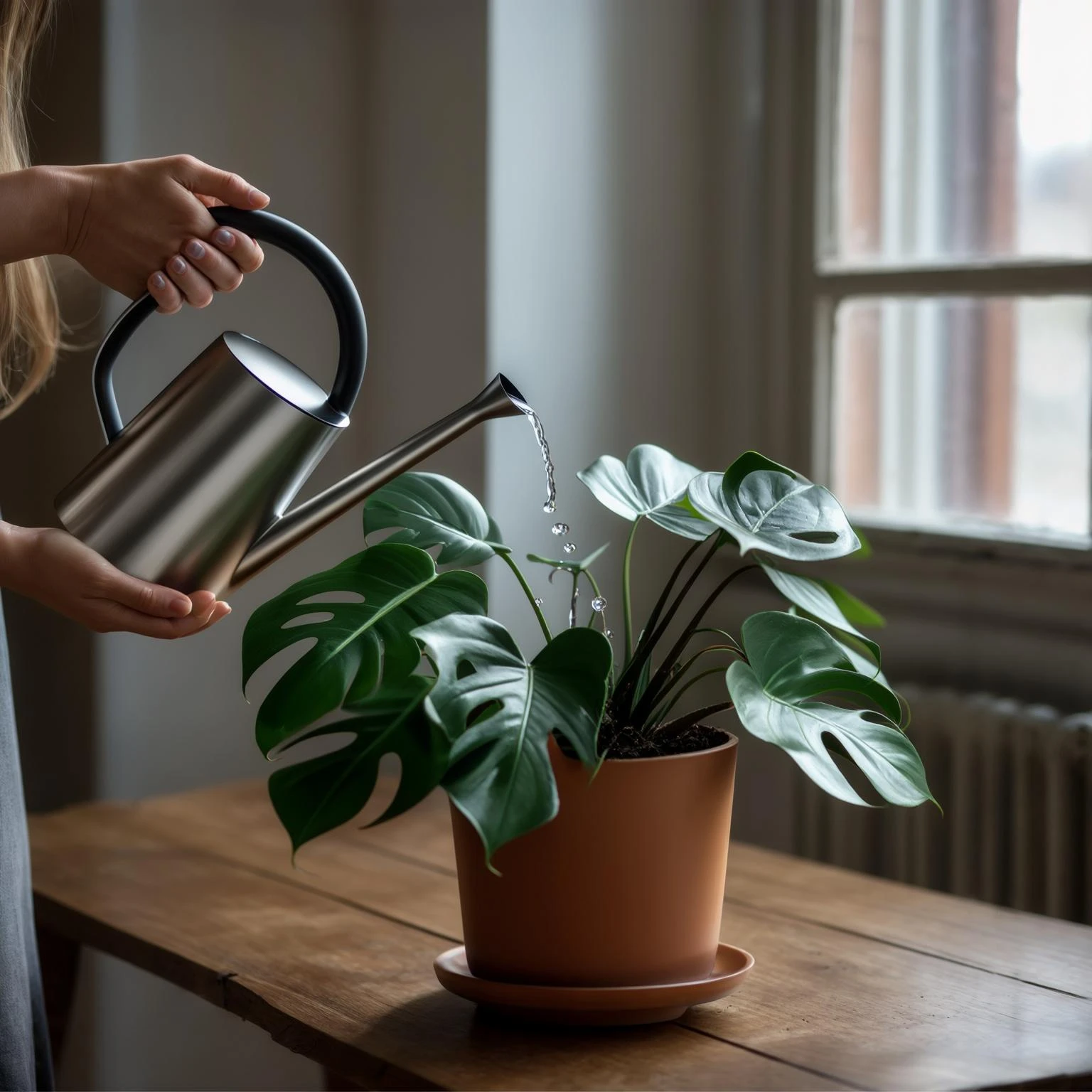 woman watering her monstera plant emoji