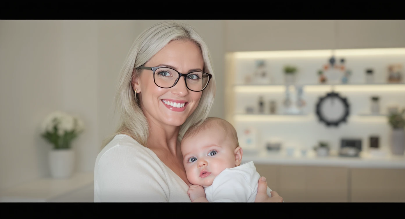 Cinematic still, Proffesional advertising of a smiling european white woman with glasses smiling holding baby, minimalistic ophthalmologist interior in background, leading  lines, "rule of thirds", 60/30/10 colors, soft light, warm colors, bokeh light in background emoji