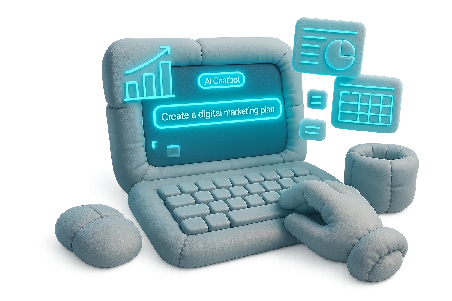 A sleek, modern workspace in neon blue lighting. A hand types ‘Create a digital marketing plan’ into an AI chatbot interface (ChatGPT-style), and the screen glows with graphs, content calendars, and digital marketing charts animating out of the screen in a 3D futuristic style. High-tech background, cinematic lighting.” emoji